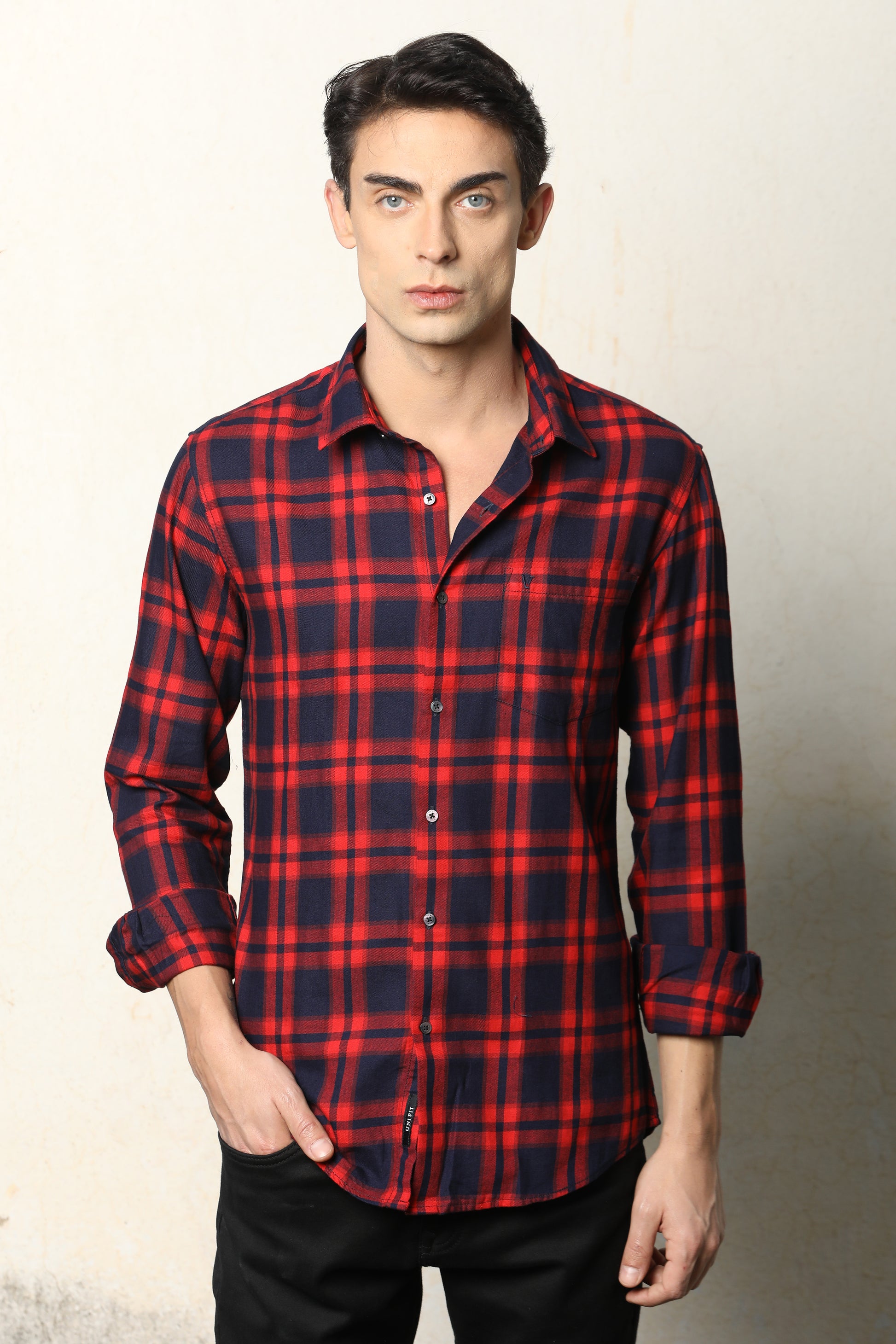 Red & Navy Blue Checked Casual Shirt โ Unifit, Full Sleeves - IVYN