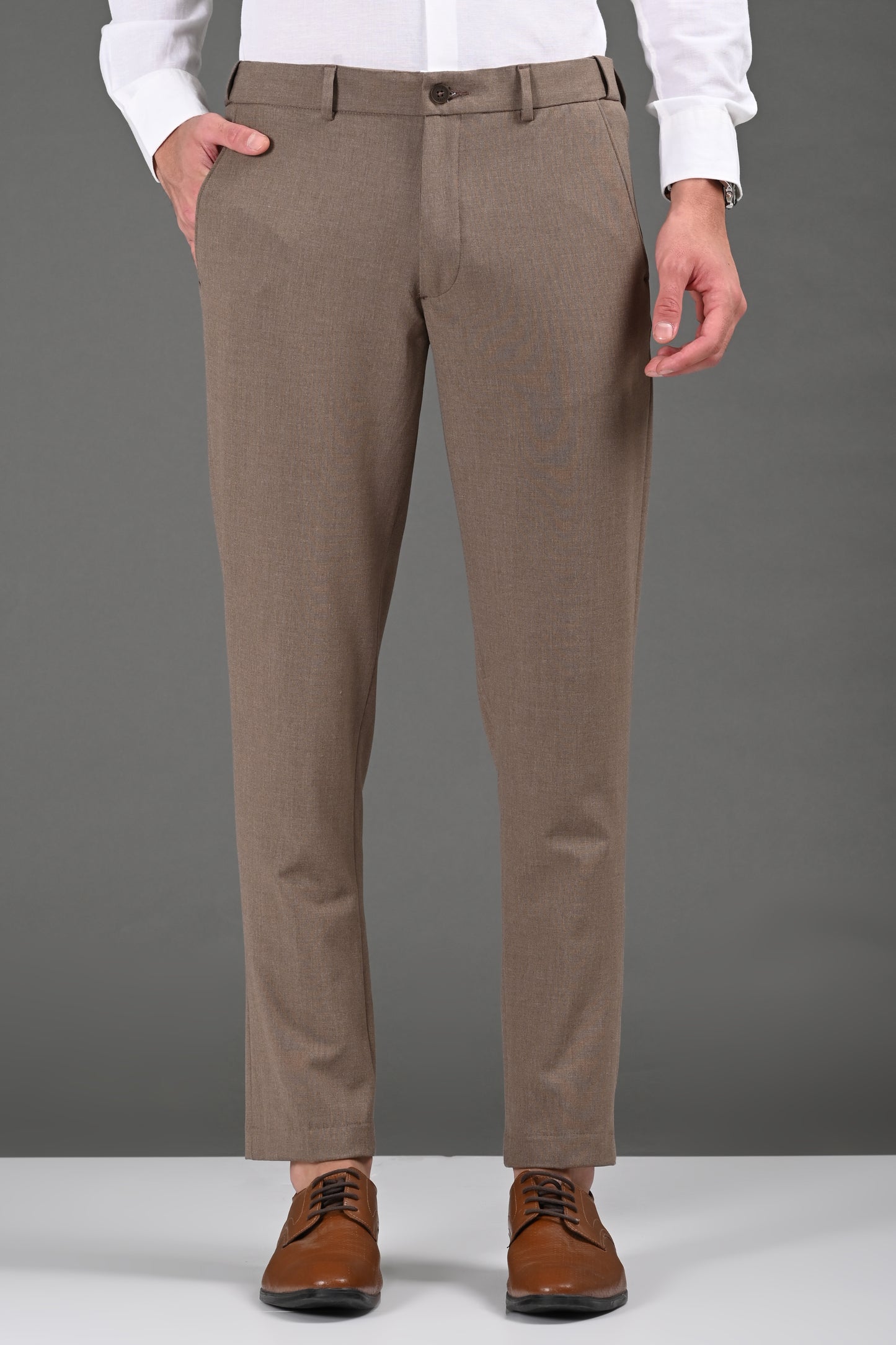 Omniwear Automatic Series – Taupe Brown Mélange Ankle Fit 4-Way Stretch Trousers - IVYN