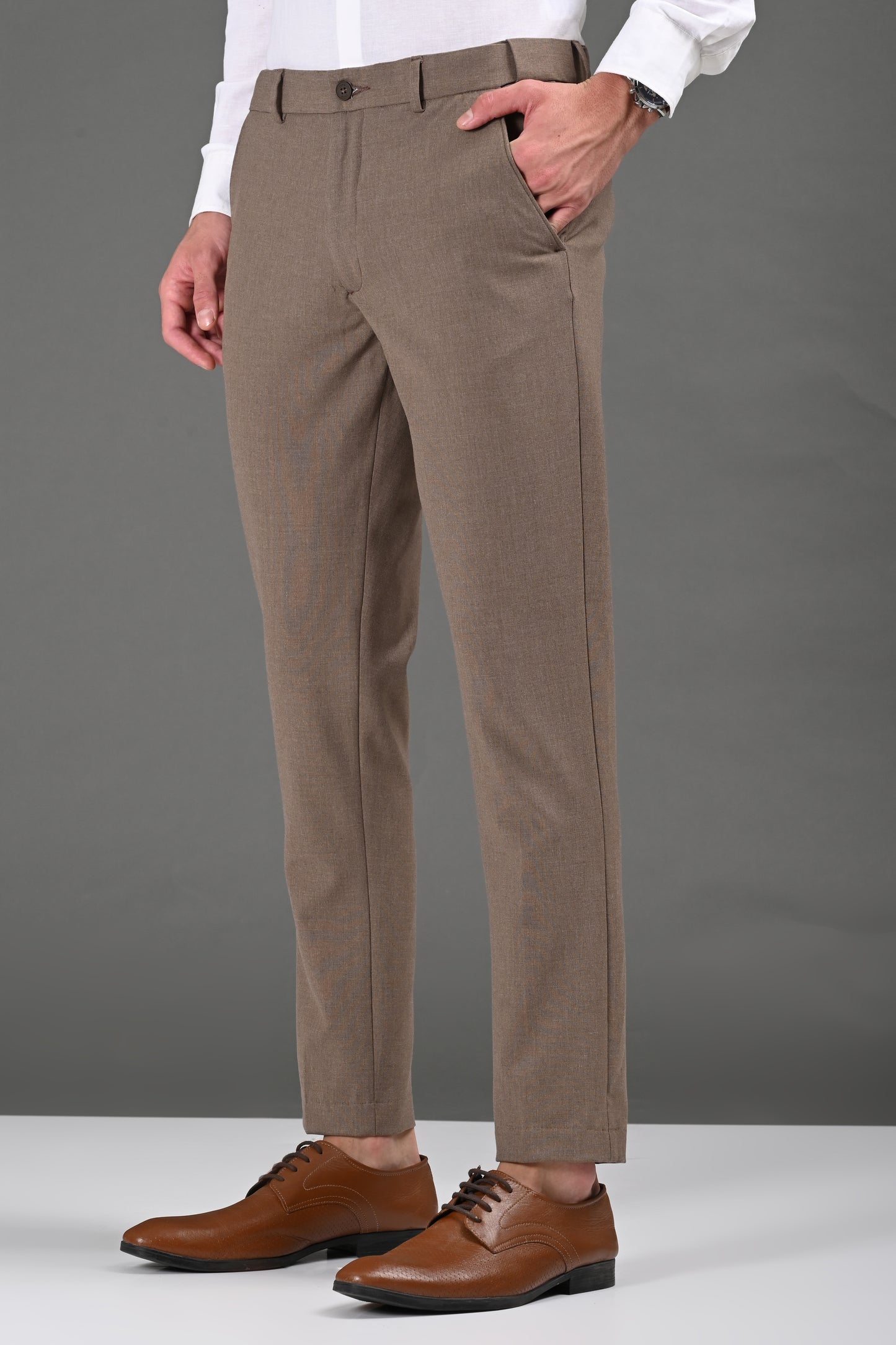 Omniwear Automatic Series – Taupe Brown Mélange Ankle Fit 4-Way Stretch Trousers - IVYN