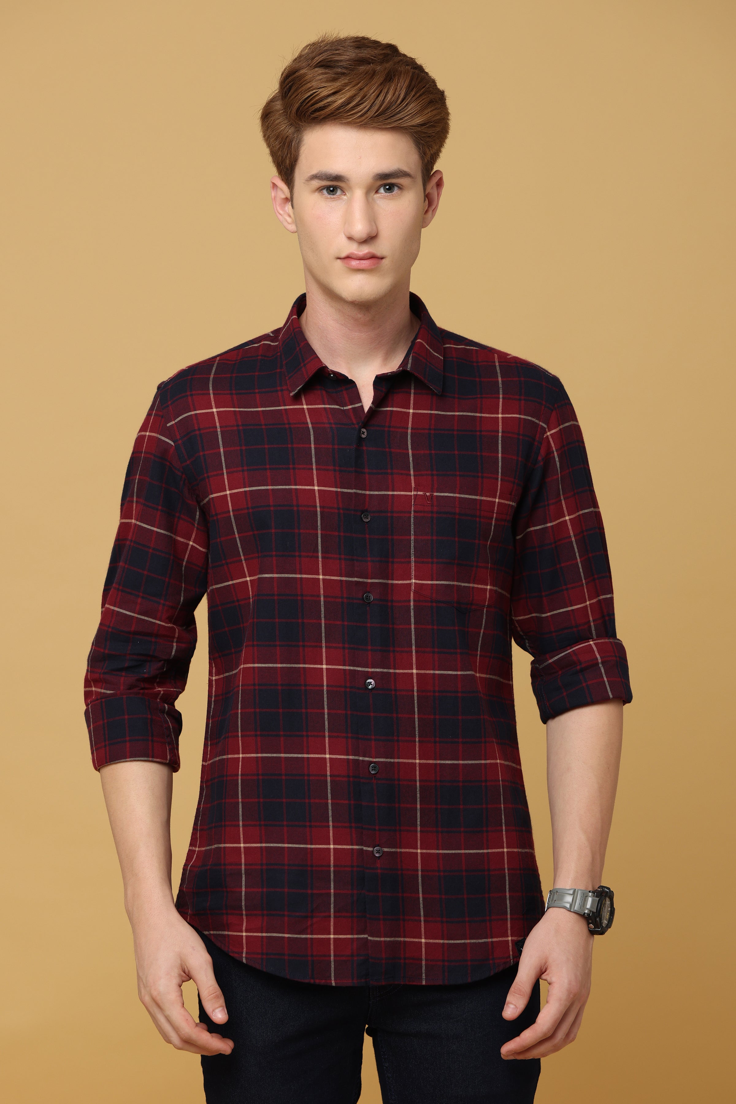 maroon black check shirt