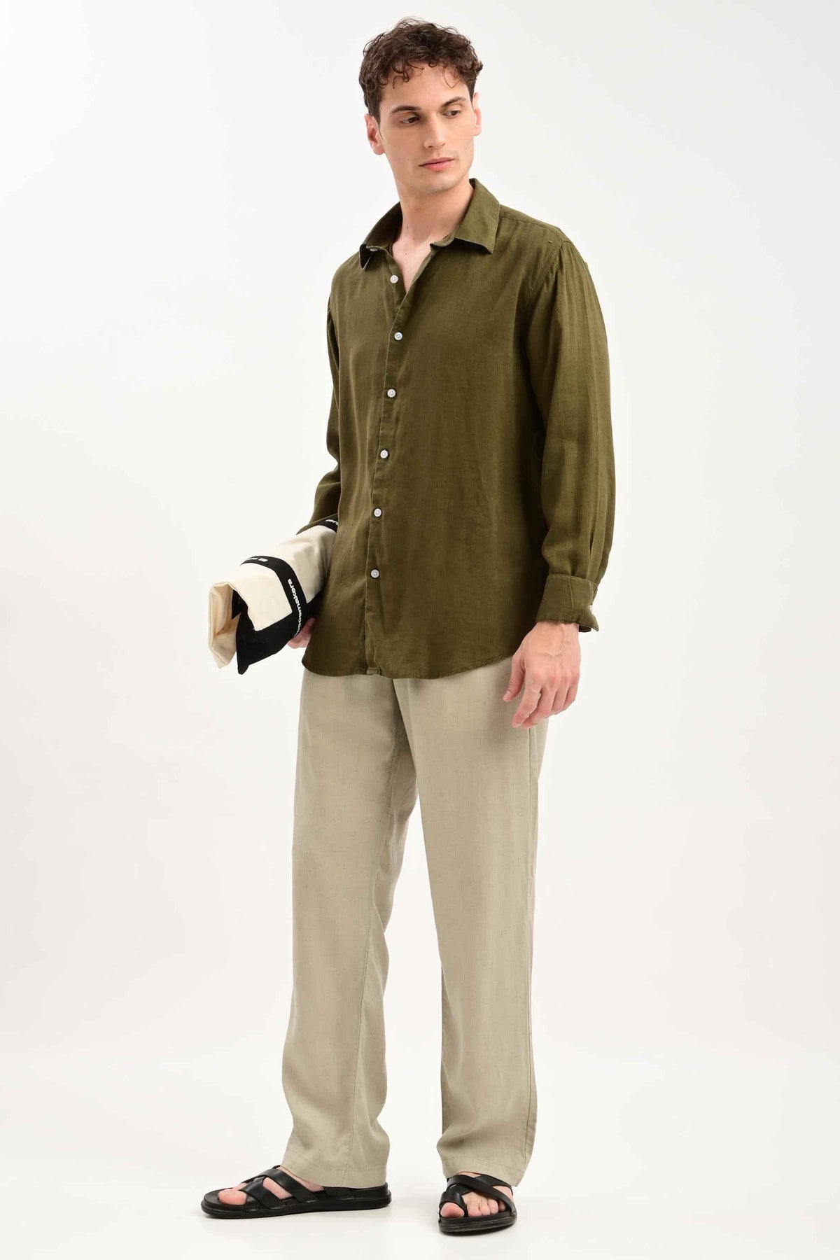 Oasis Linen-Blend Drawstring Trousers — Sage Stone