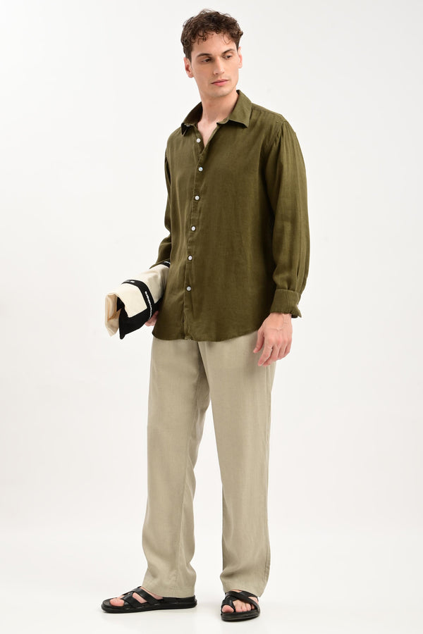 Oasis Linen-Blend Drawstring Trousers — Sage Stone