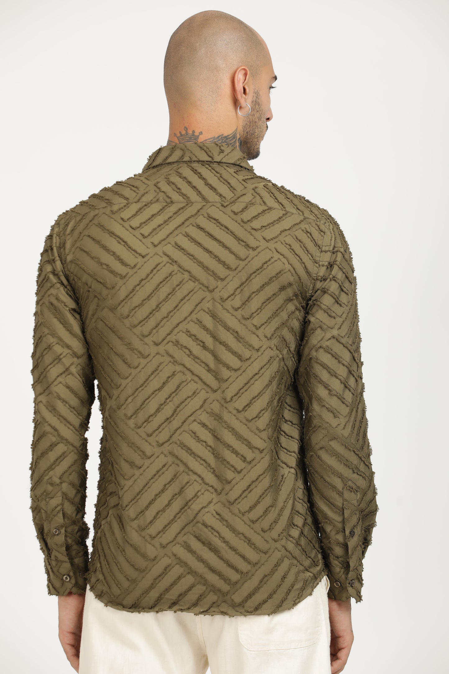 Olive Green Classic Slim Fit Self Design Textured Casual Shirt - IVYN