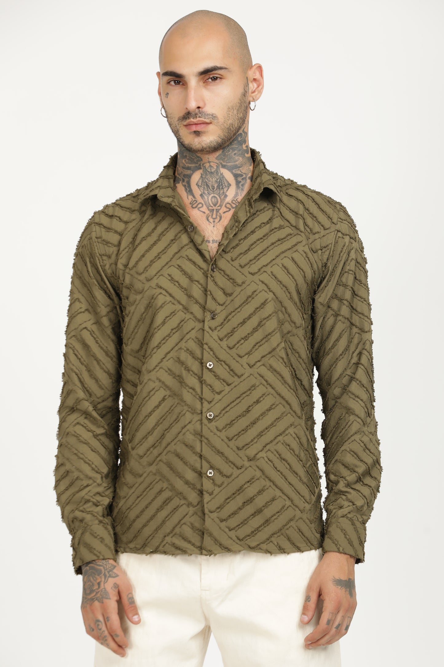 Olive Green Classic Slim Fit Self Design Textured Casual Shirt - IVYN