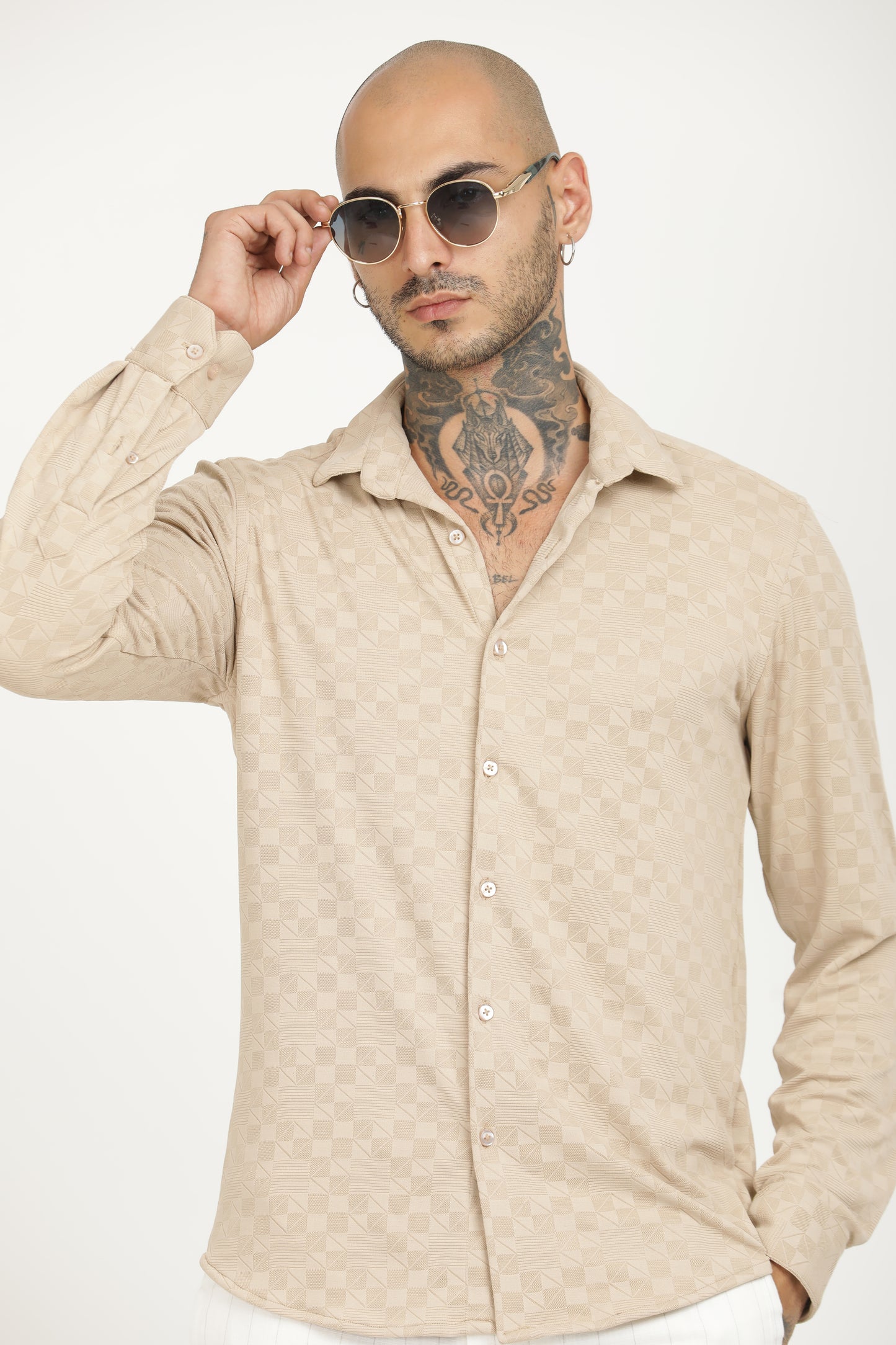 Beige Classic Slim Fit Self Design Textured Casual Shirt - IVYN