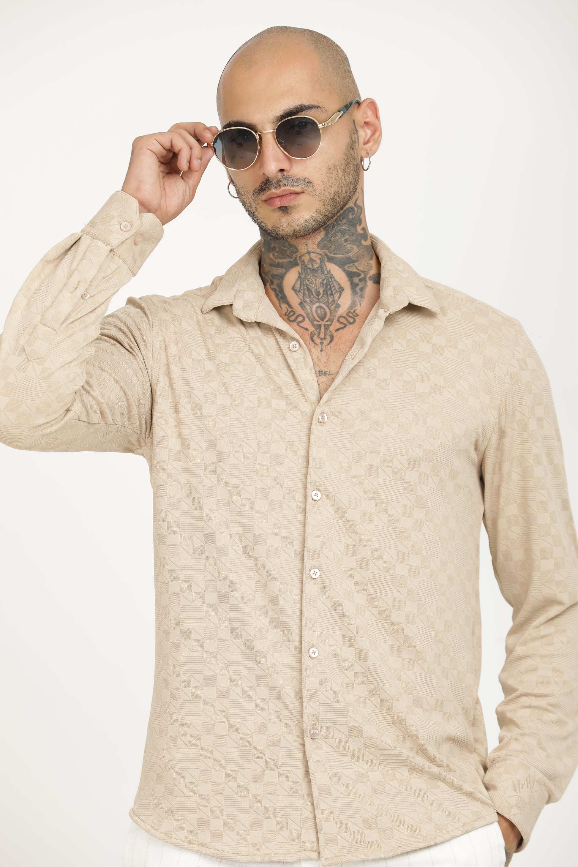 Beige Classic Slim Fit Self Design Textured Casual Shirt - IVYN