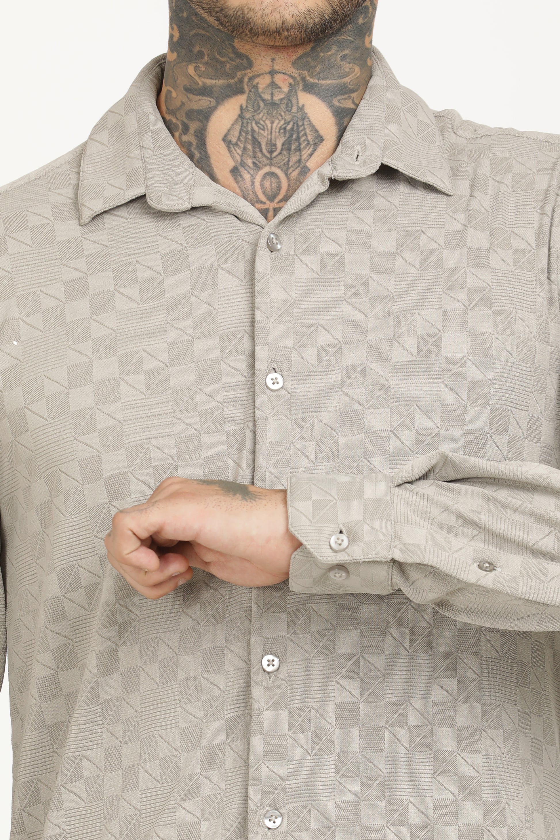 Light Grey Classic Slim Fit Self Design Textured Casual Shirt - IVYN