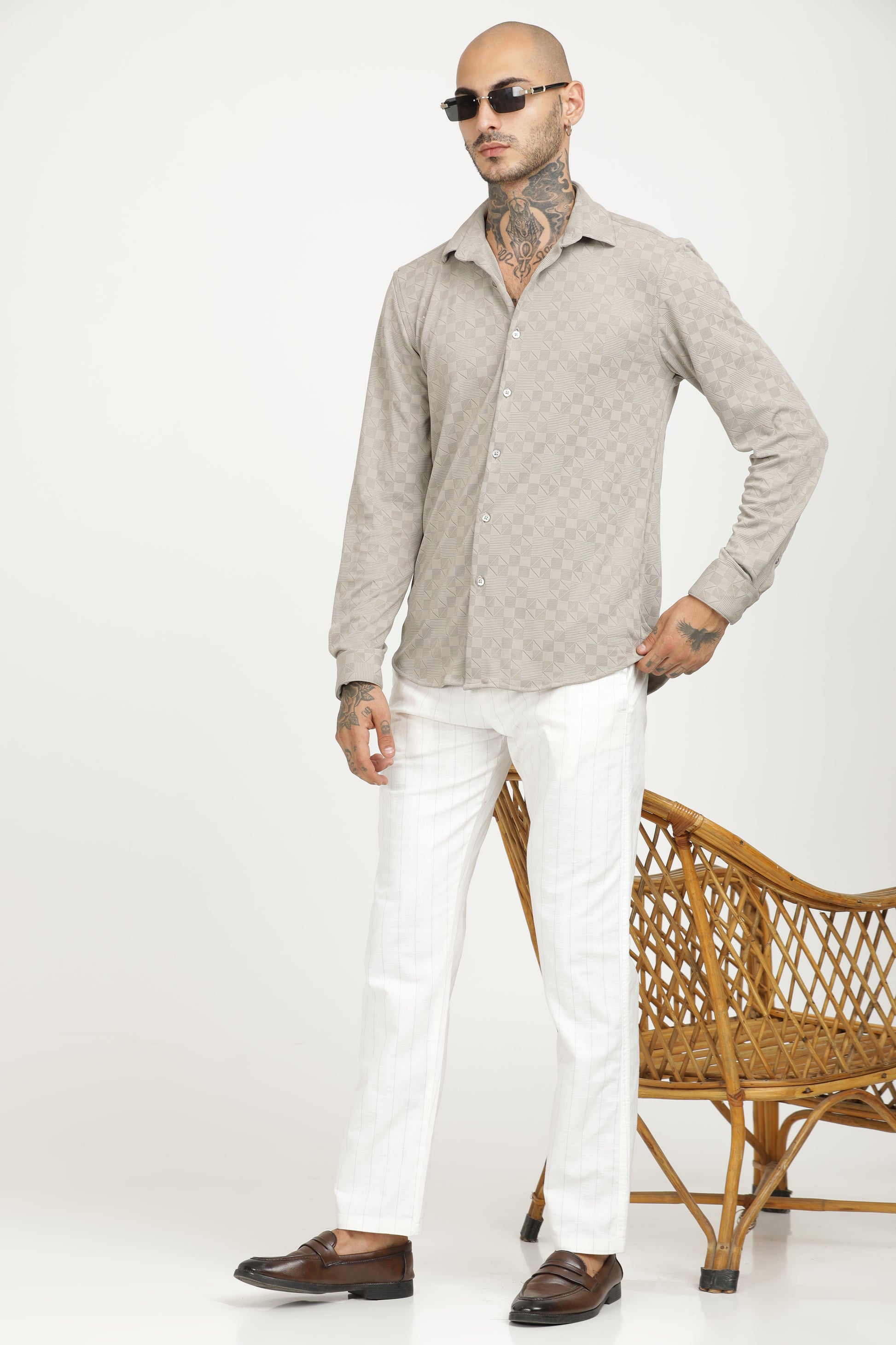Light Grey Classic Slim Fit Self Design Textured Casual Shirt - IVYN