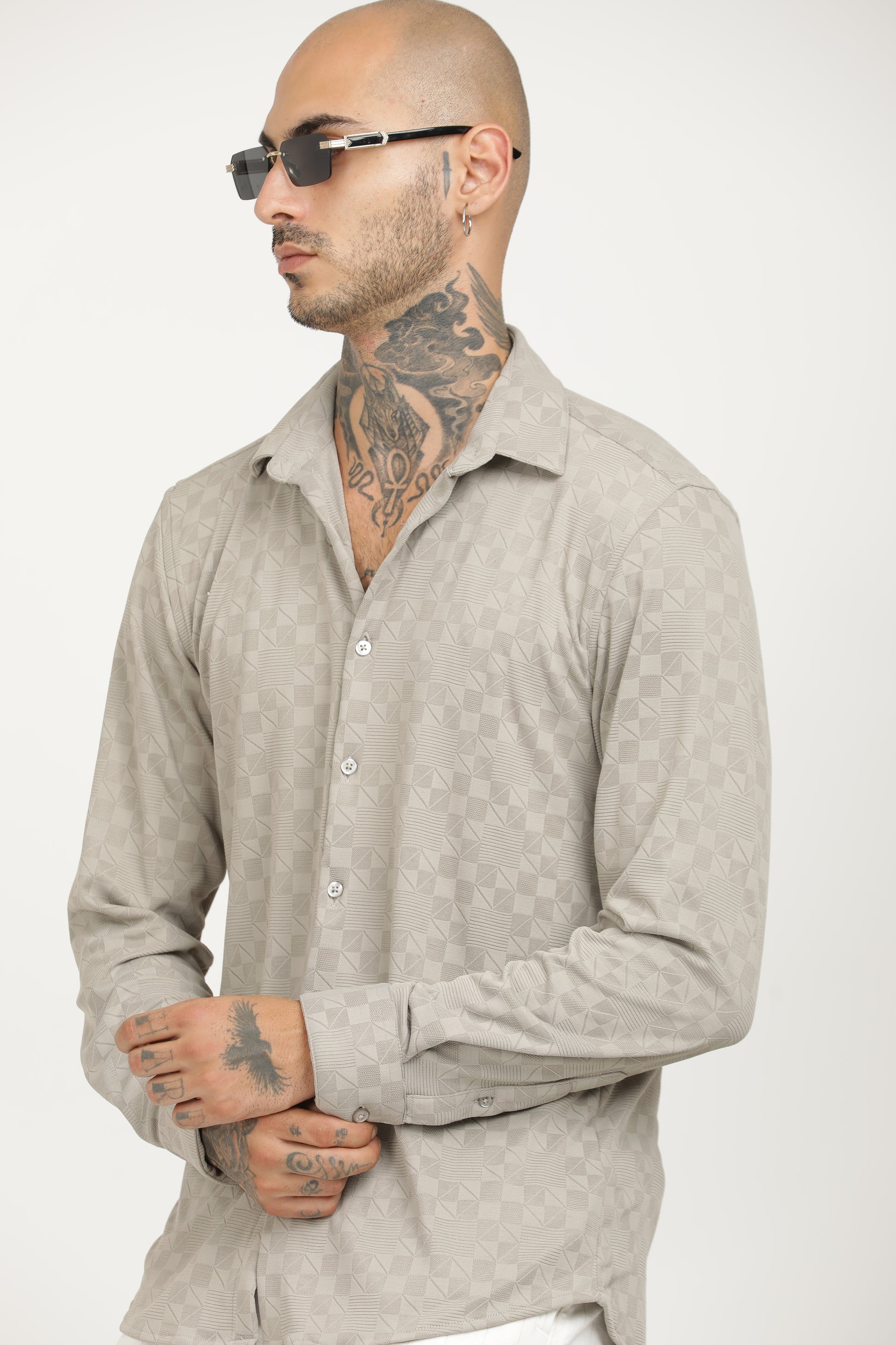 Light Grey Classic Slim Fit Self Design Textured Casual Shirt - IVYN