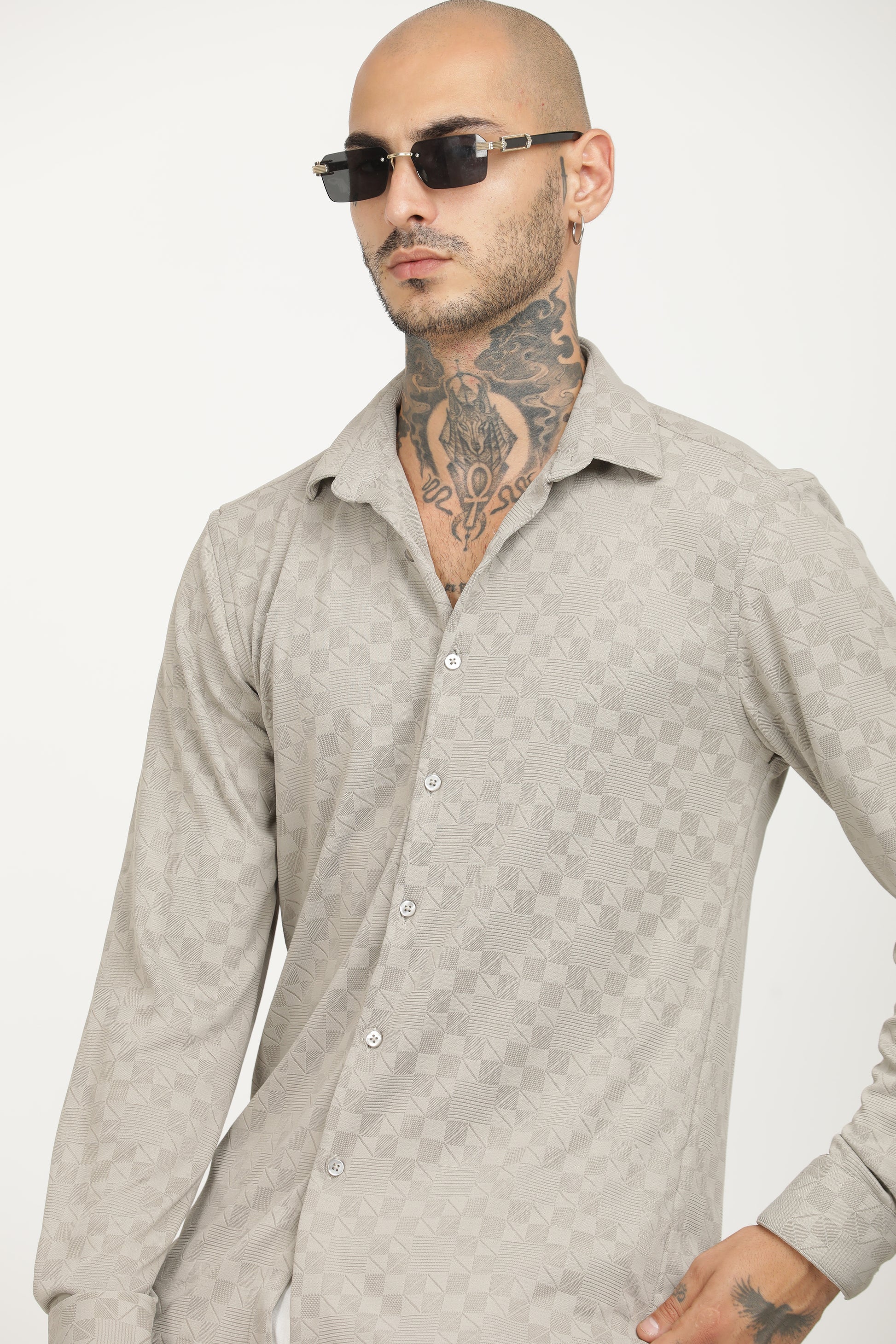 Light Grey Classic Slim Fit Self Design Textured Casual Shirt - IVYN