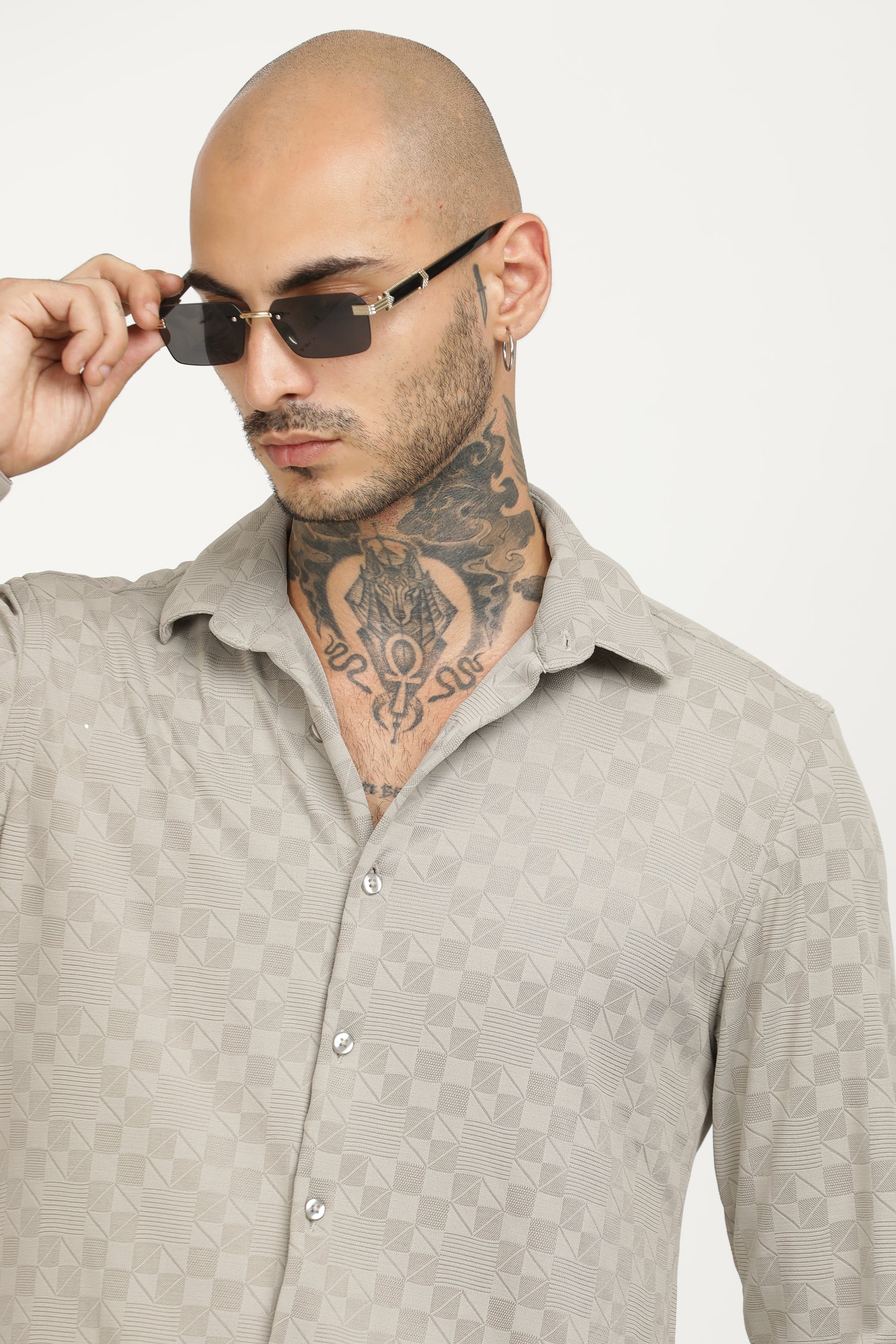 Light Grey Classic Slim Fit Self Design Textured Casual Shirt - IVYN