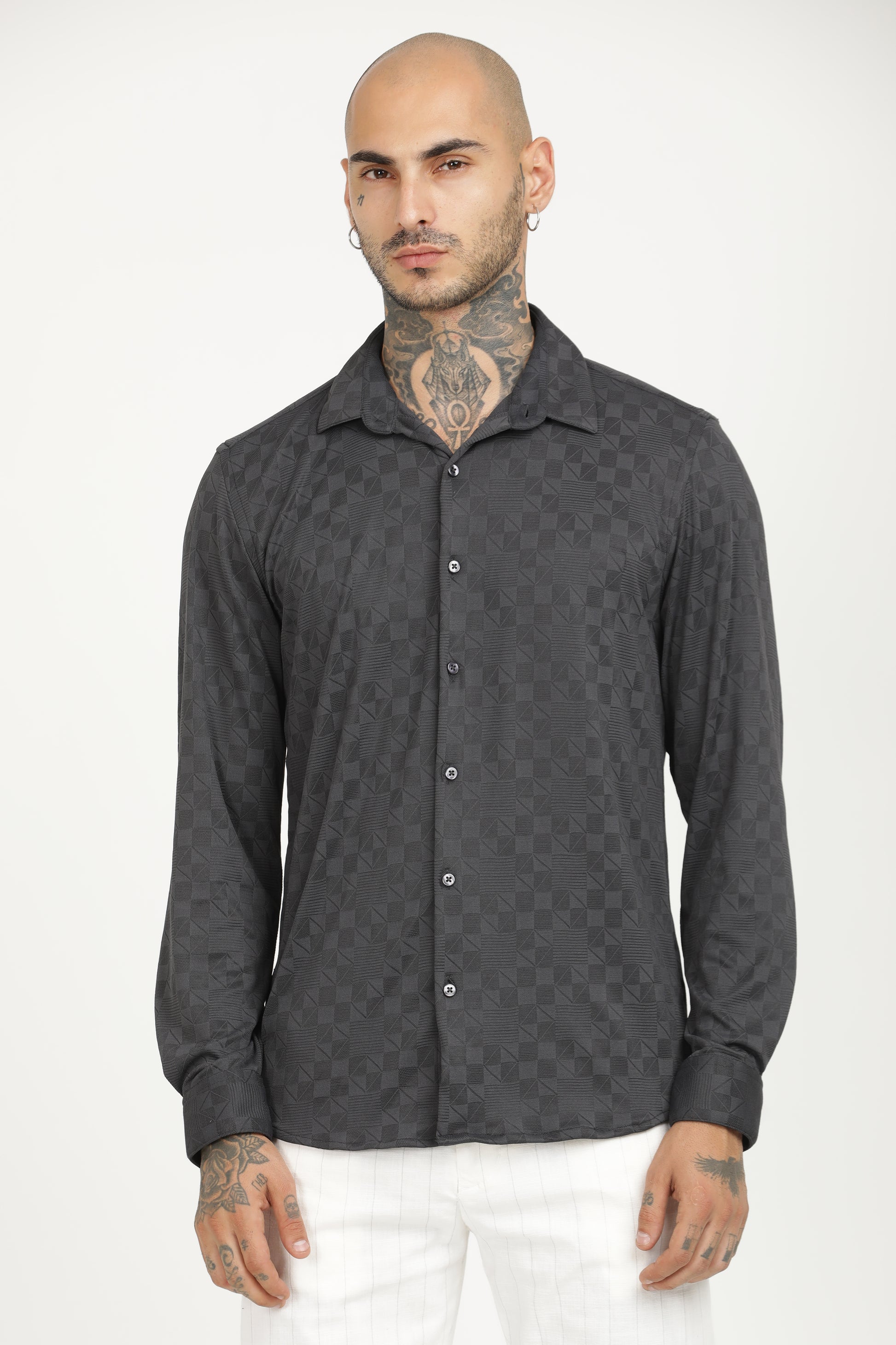 Charcoal Classic Slim Fit Self Design Textured Casual Shirt - IVYN