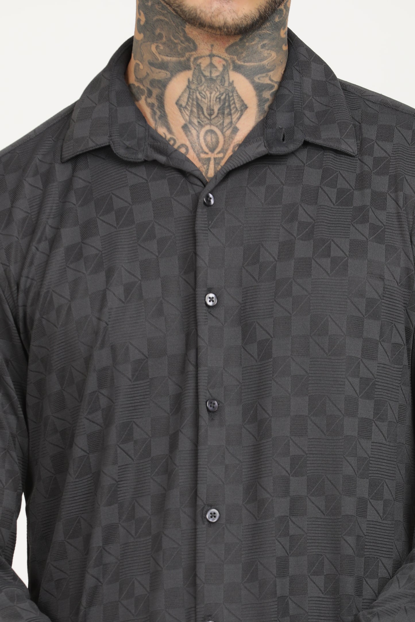 Charcoal Classic Slim Fit Self Design Textured Casual Shirt - IVYN
