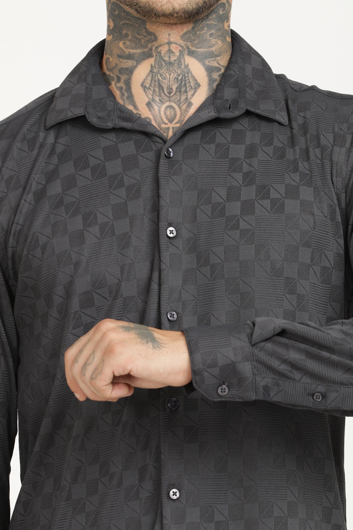 Charcoal Classic Slim Fit Self Design Textured Casual Shirt - IVYN