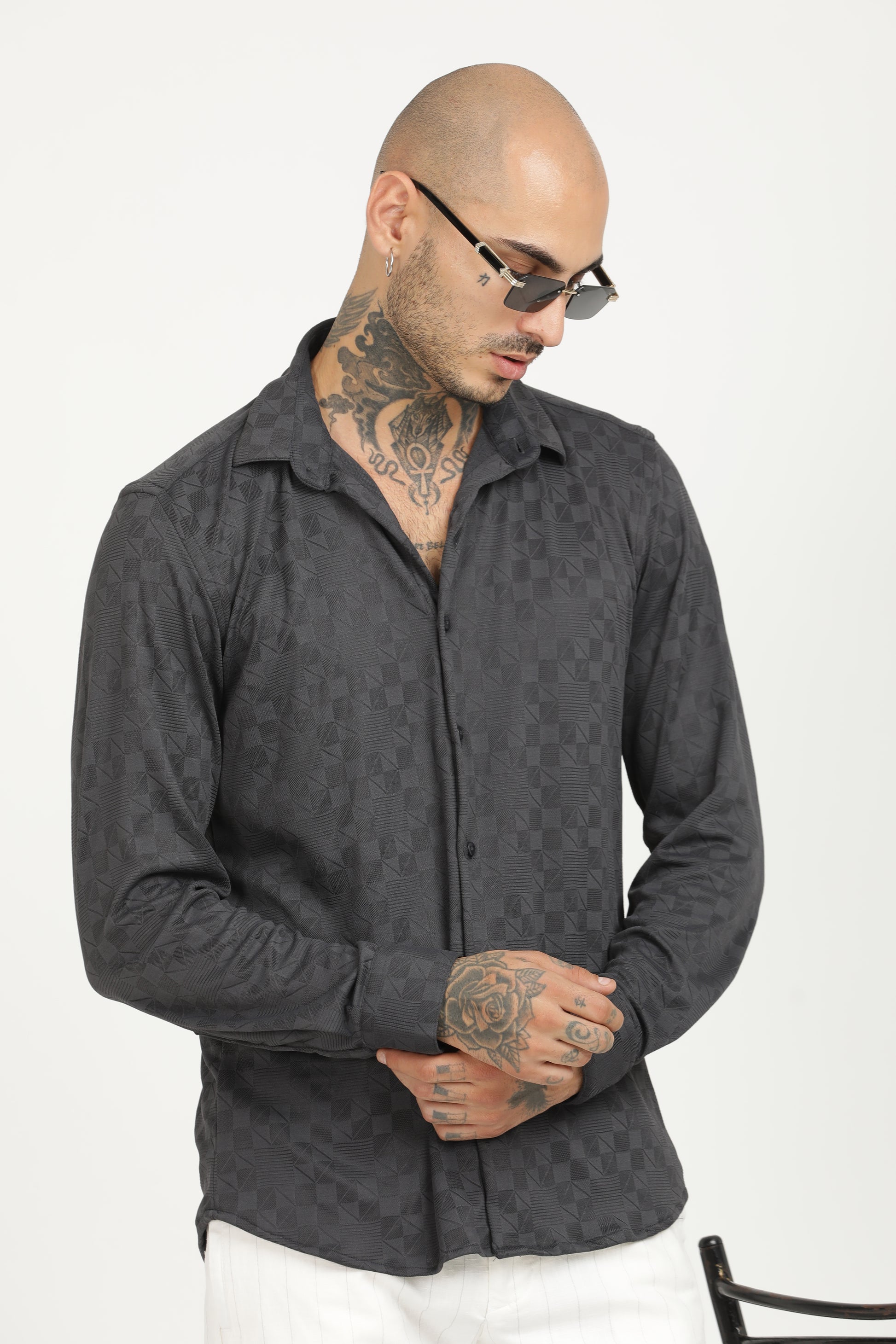 Charcoal Classic Slim Fit Self Design Textured Casual Shirt - IVYN