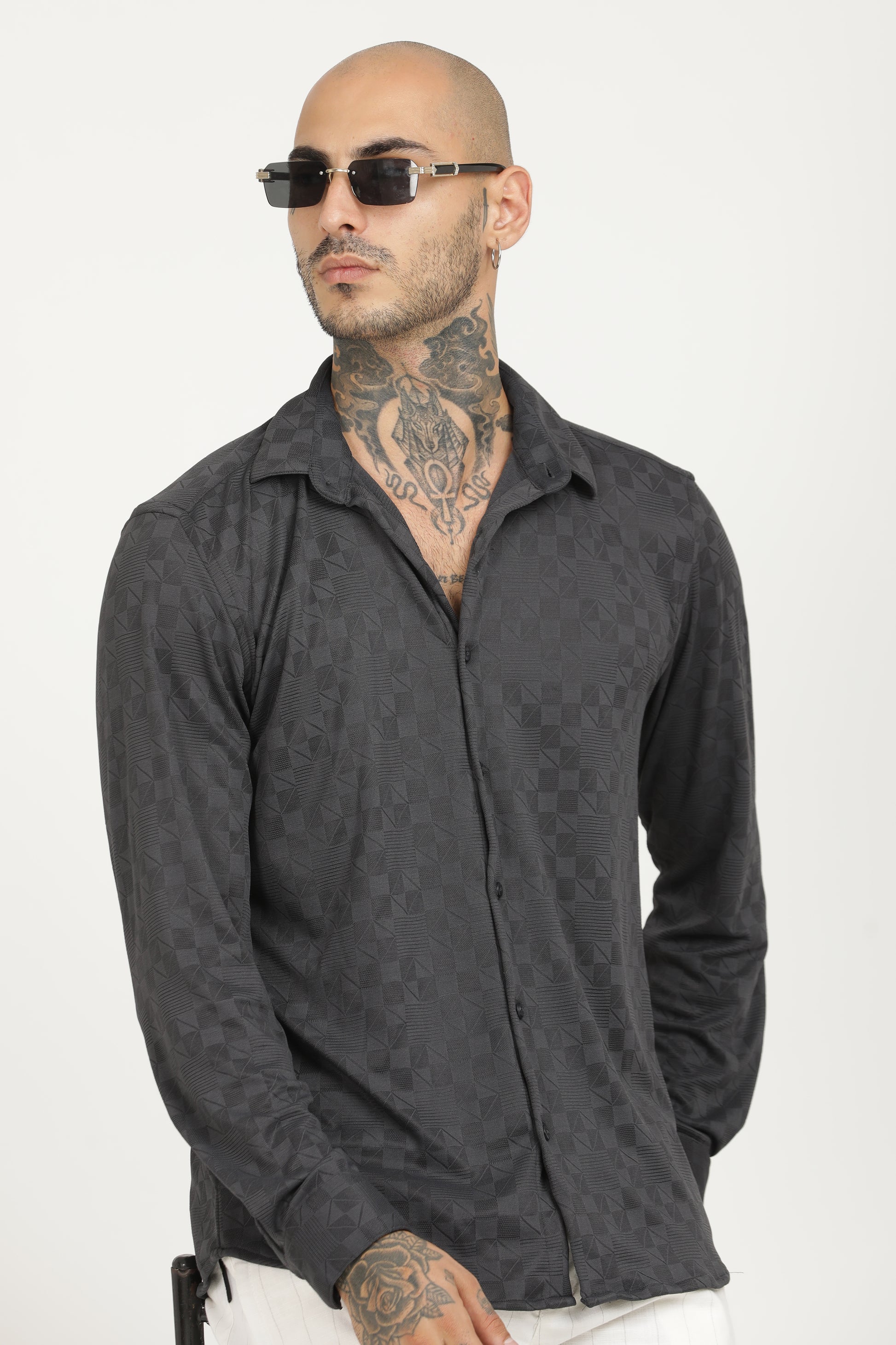 Charcoal Classic Slim Fit Self Design Textured Casual Shirt - IVYN