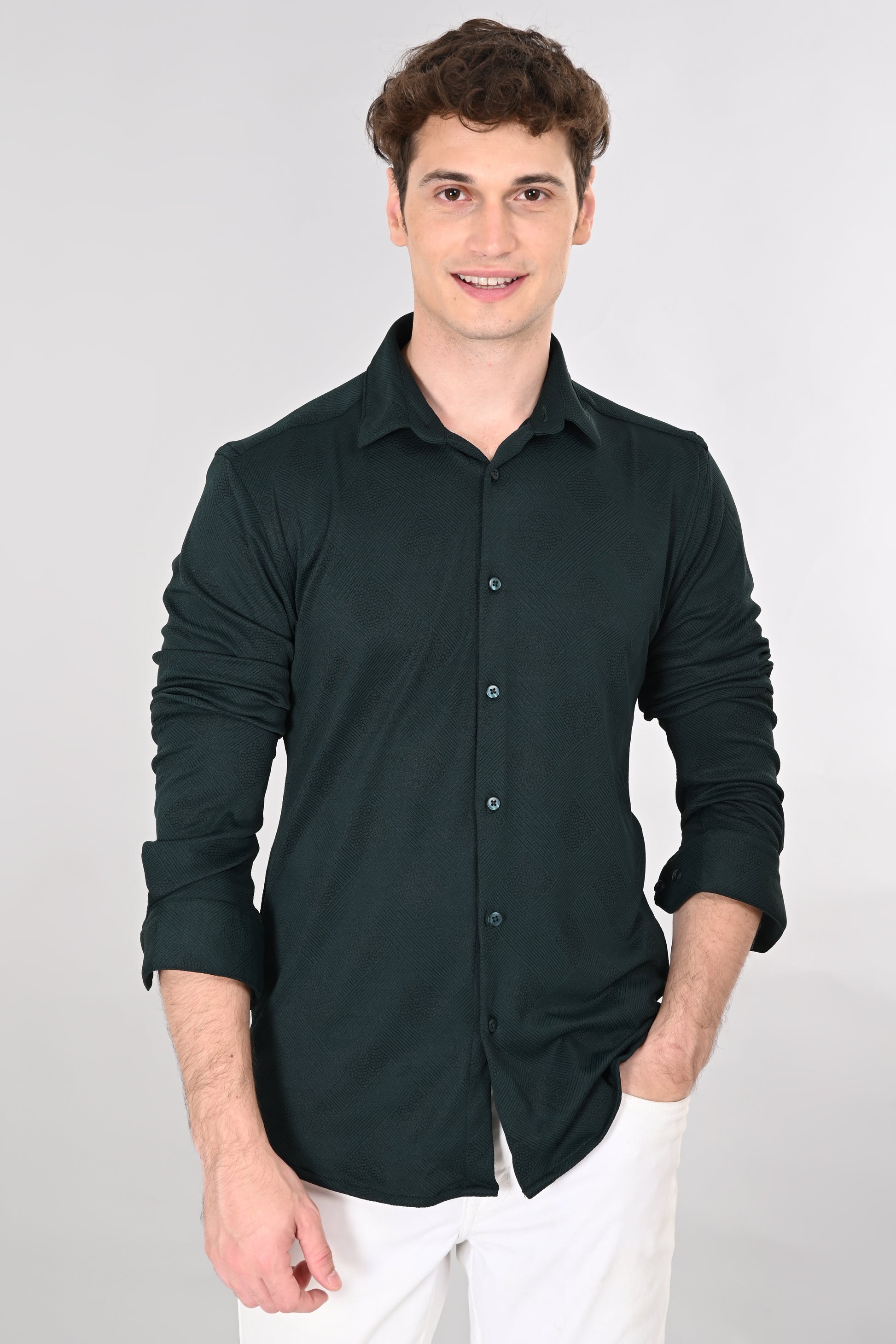 Dark Green Jakarta 4-Way Stretch Textured Shirt - IVYN