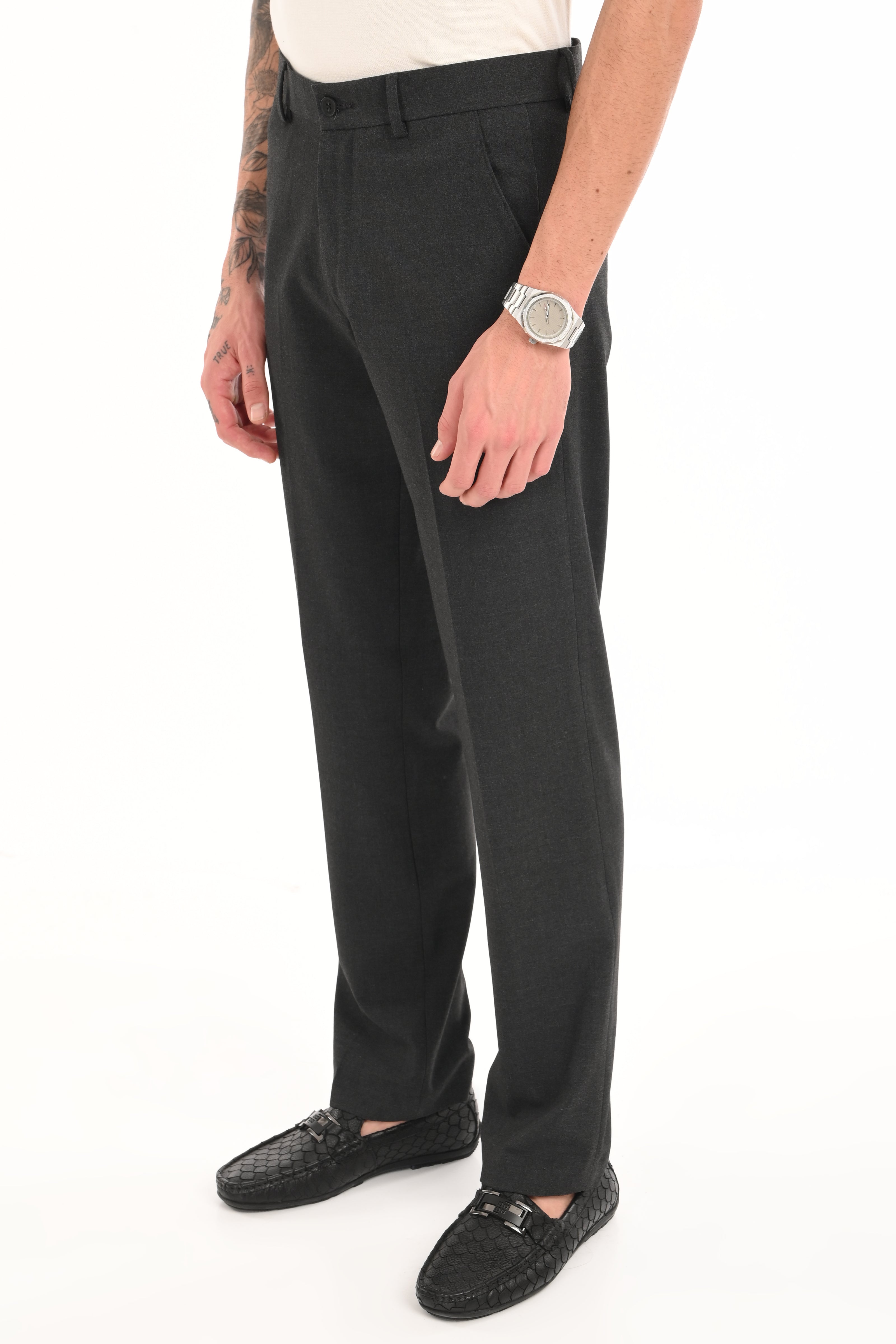 Men's Straight Fit 4-Way Stretch Lycra Trousers - Charcoal Black - IVYN