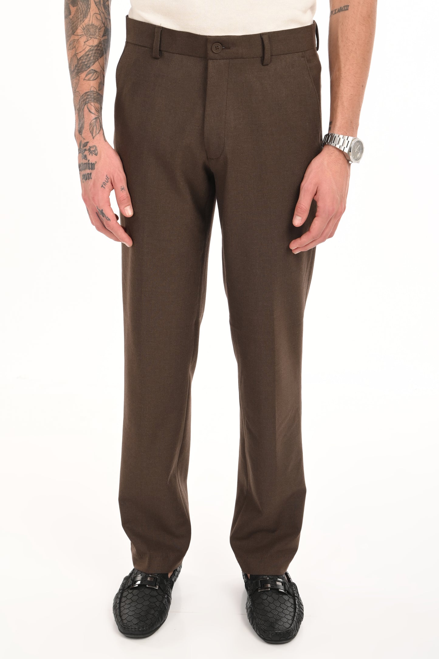 Men's Elegant Straight Fit 4-Way Stretch Lycra Trousers - Chestnut Brown - IVYN
