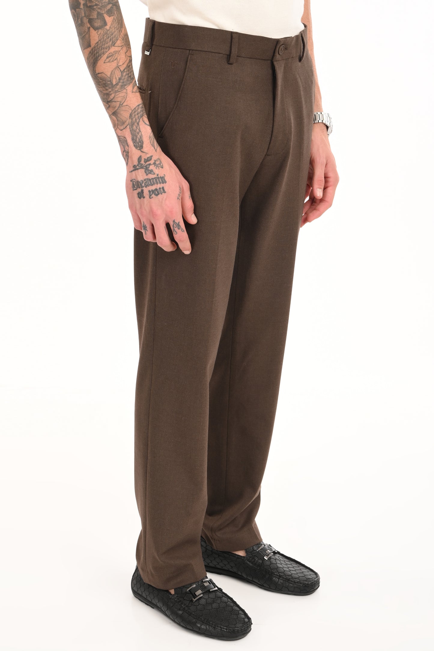 Men's Elegant Straight Fit 4-Way Stretch Lycra Trousers - Chestnut Brown - IVYN