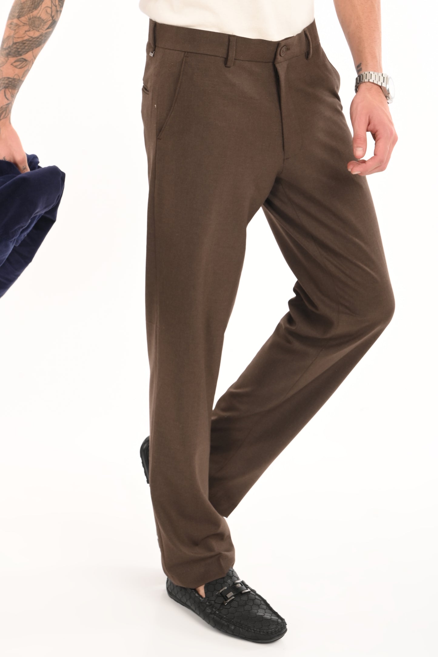 Men's Elegant Straight Fit 4-Way Stretch Lycra Trousers - Chestnut Brown - IVYN
