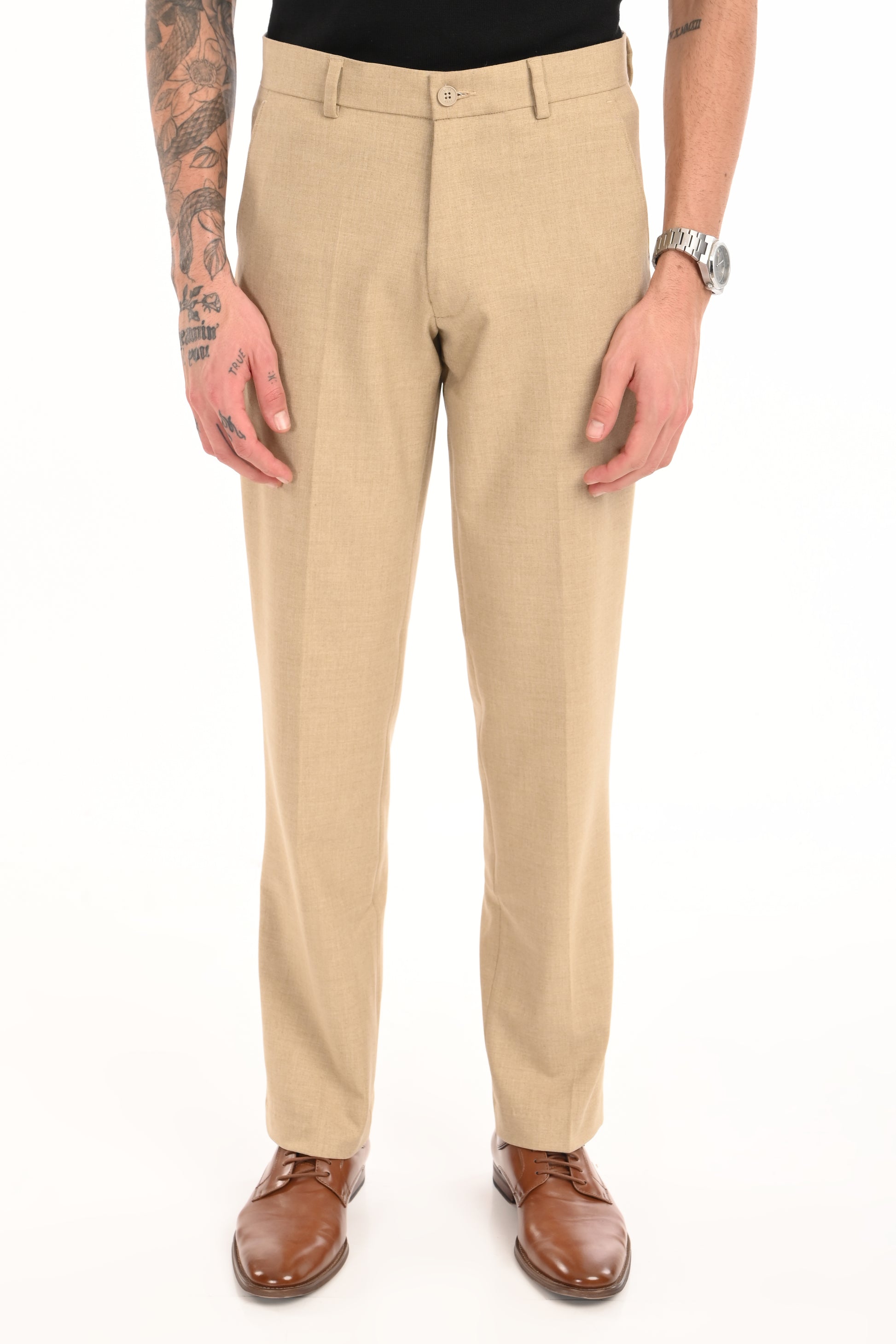 Men's Elegant Straight Fit 4-Way Stretch Lycra Trousers - Sand Beige - IVYN