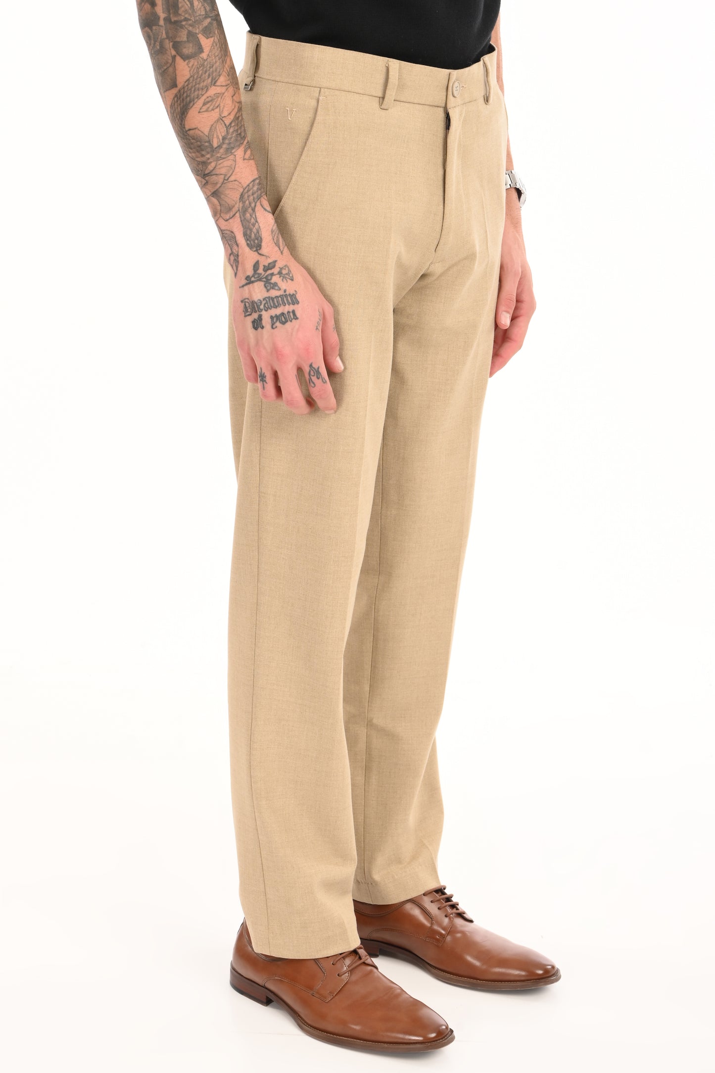 Men's Elegant Straight Fit 4-Way Stretch Lycra Trousers - Sand Beige - IVYN