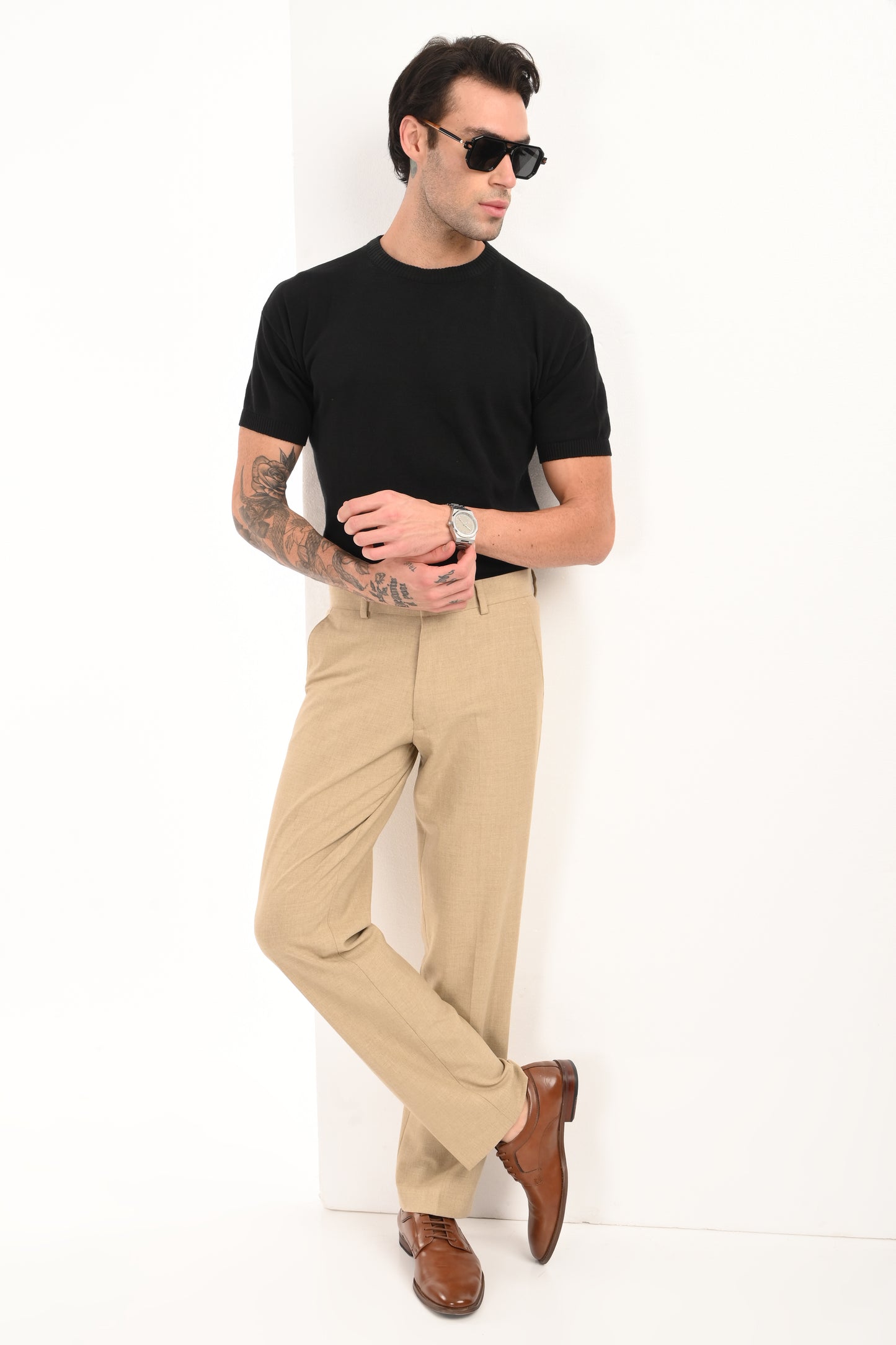 Men's Elegant Straight Fit 4-Way Stretch Lycra Trousers - Sand Beige - IVYN