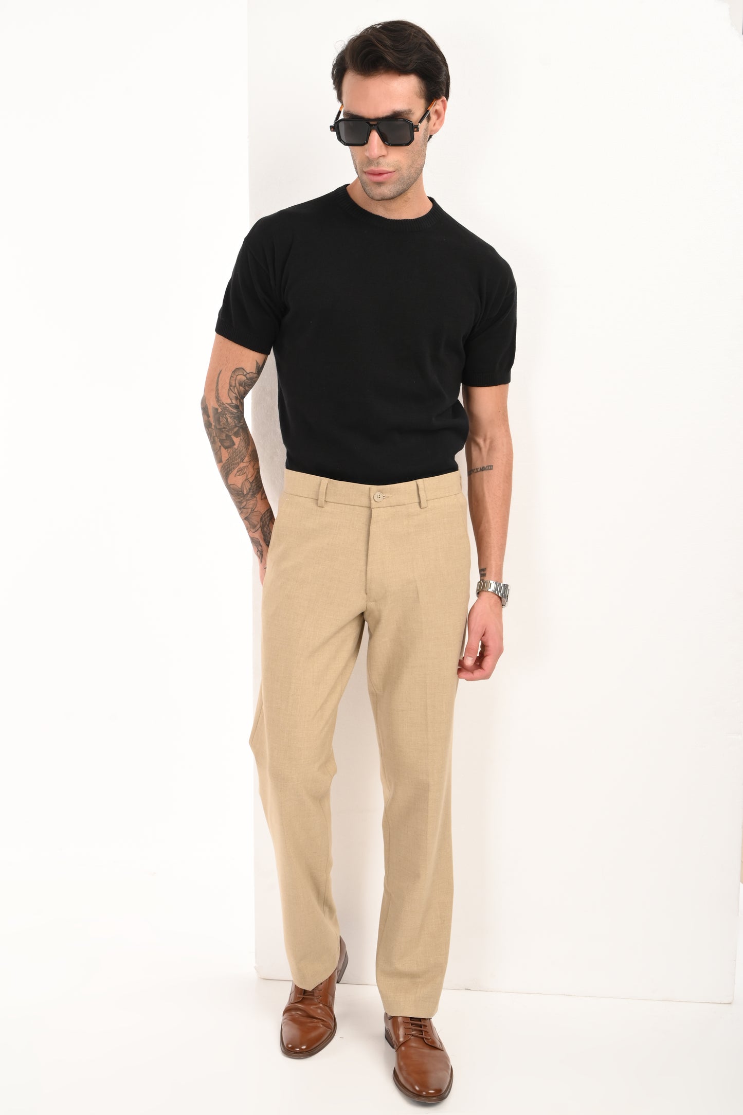 Men's Elegant Straight Fit 4-Way Stretch Lycra Trousers - Sand Beige - IVYN