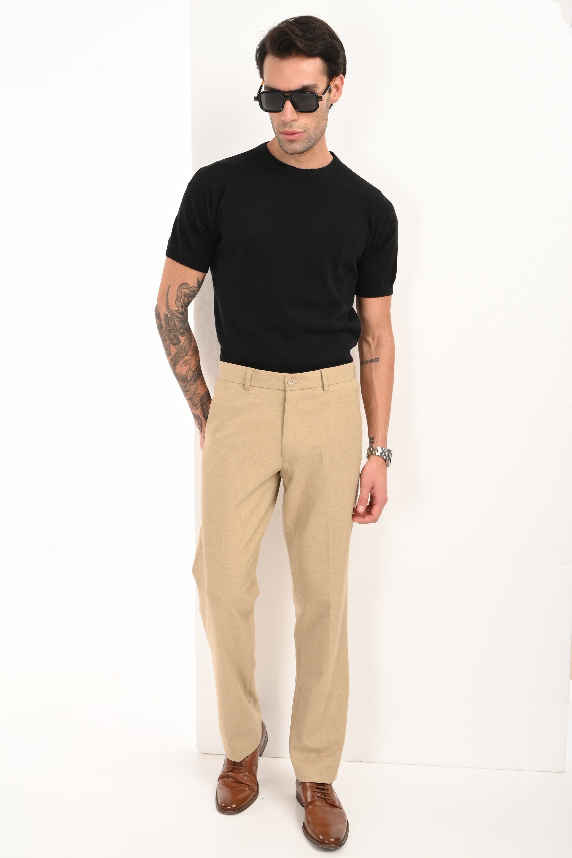 Men's Elegant Straight Fit 4-Way Stretch Lycra Trousers - Sand Beige - IVYN