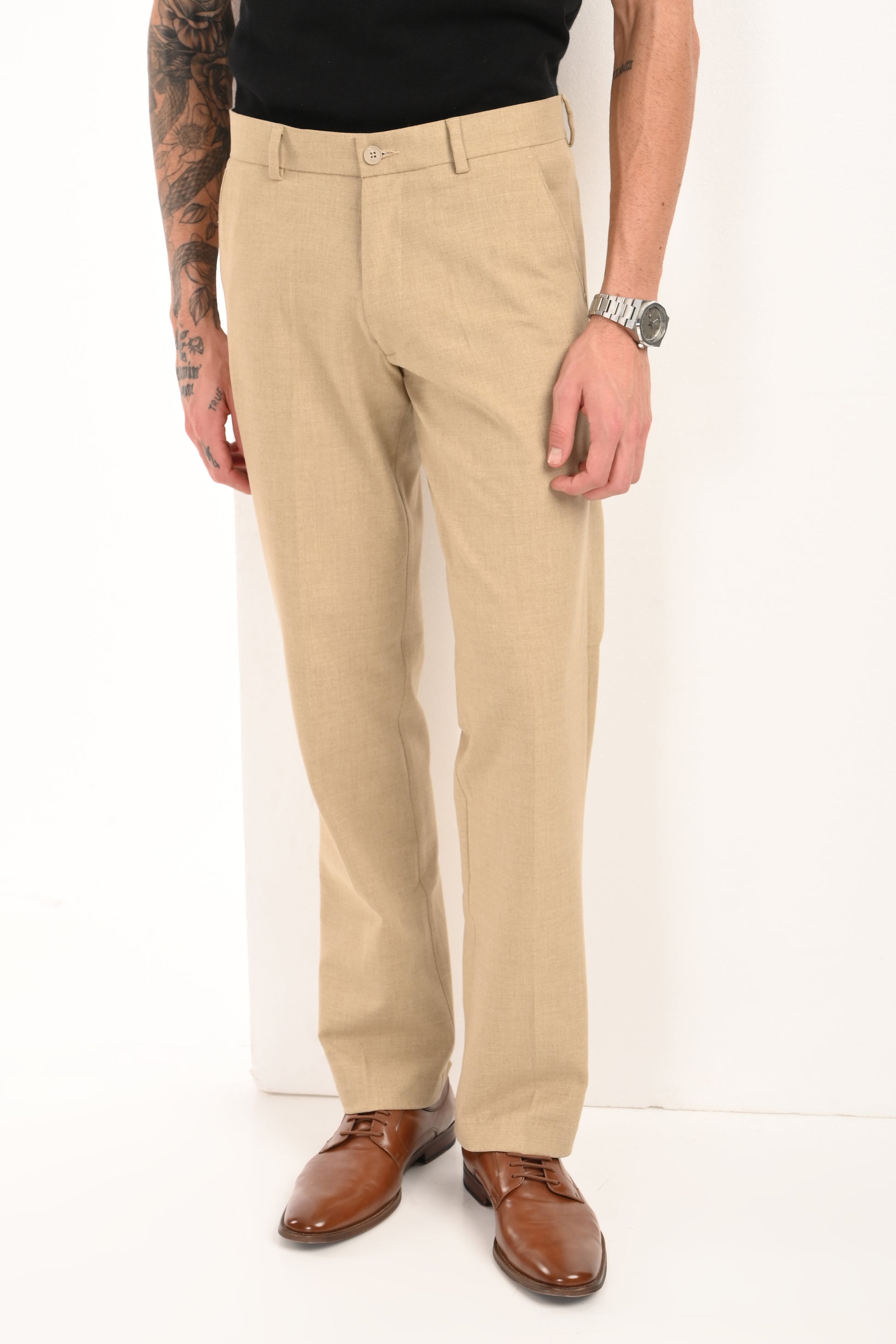 Men's Elegant Straight Fit 4-Way Stretch Lycra Trousers - Sand Beige - IVYN