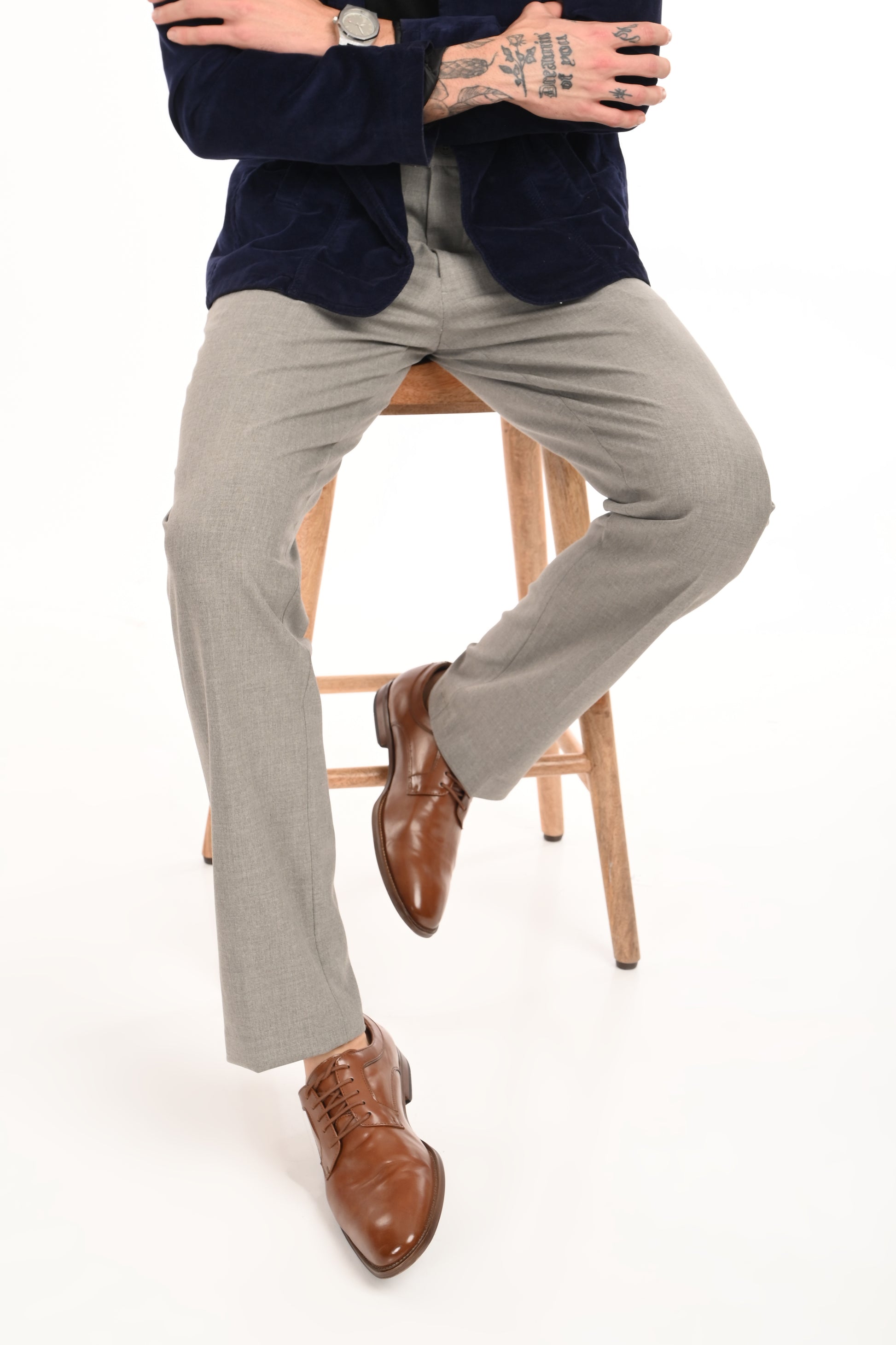 Men's Elegant Straight Fit 4-Way Stretch Lycra Trousers - Ash Grey - IVYN