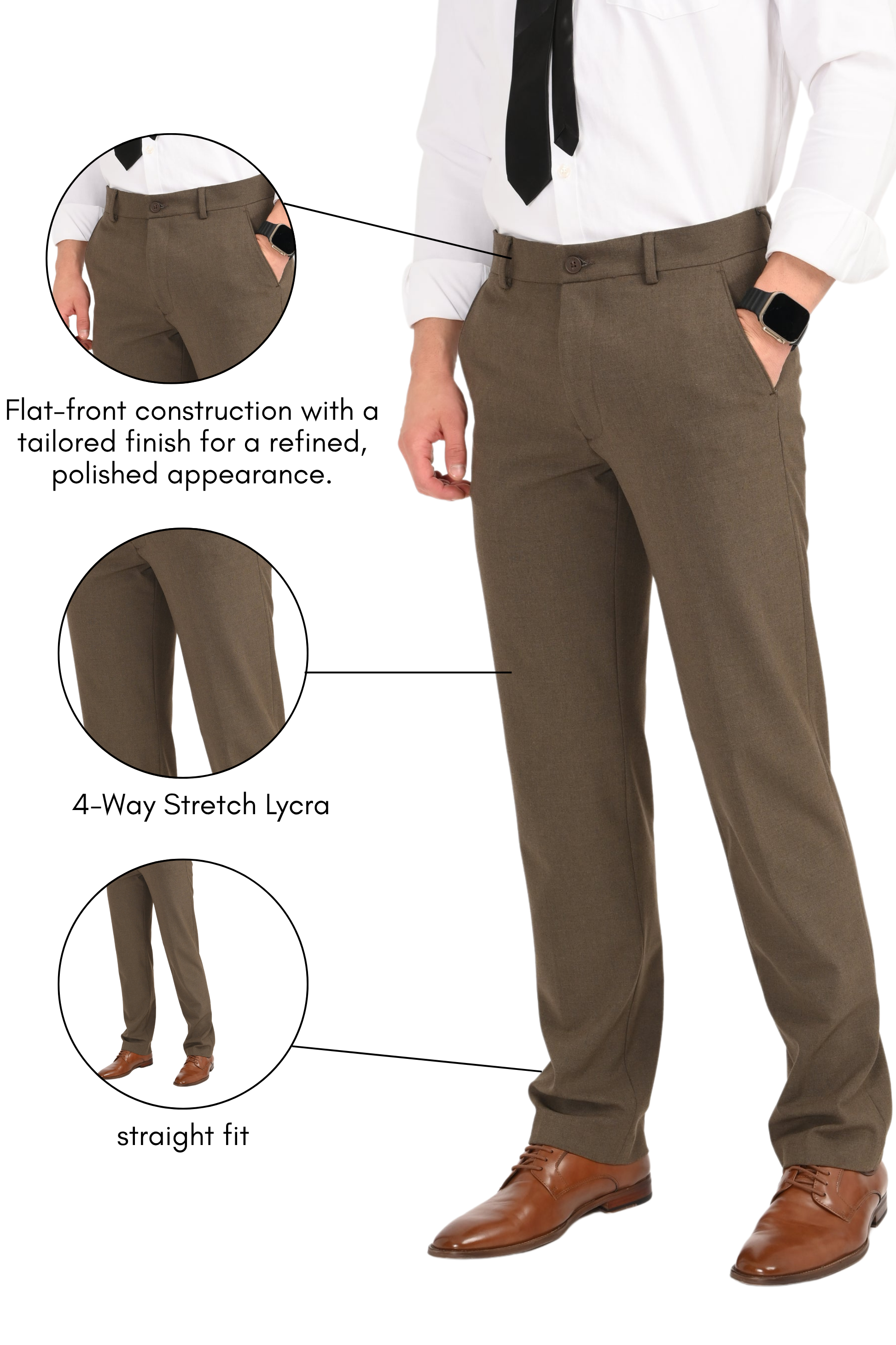 Men's Elegant Straight Fit 4-Way Stretch Lycra Trousers – Brown Mélange - IVYN