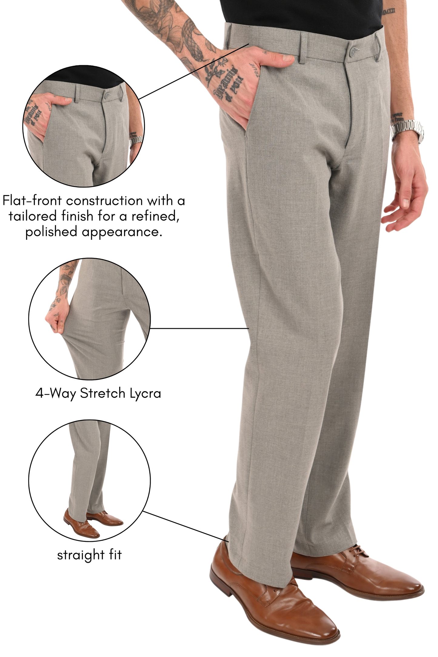 Men's Elegant Straight Fit 4-Way Stretch Lycra Trousers - Ash Grey - IVYN