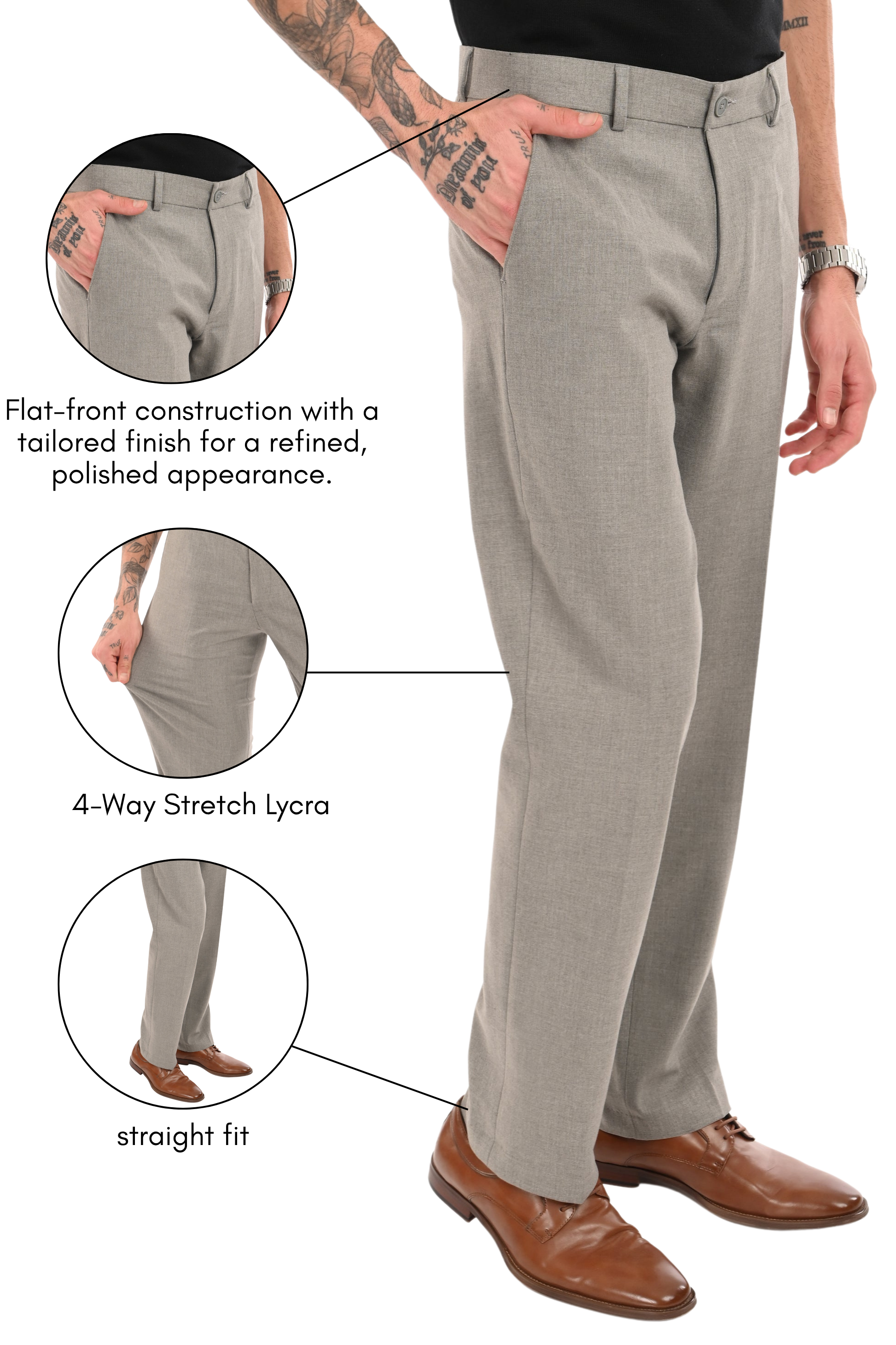 Men's Elegant Straight Fit 4-Way Stretch Lycra Trousers - Ash Grey - IVYN