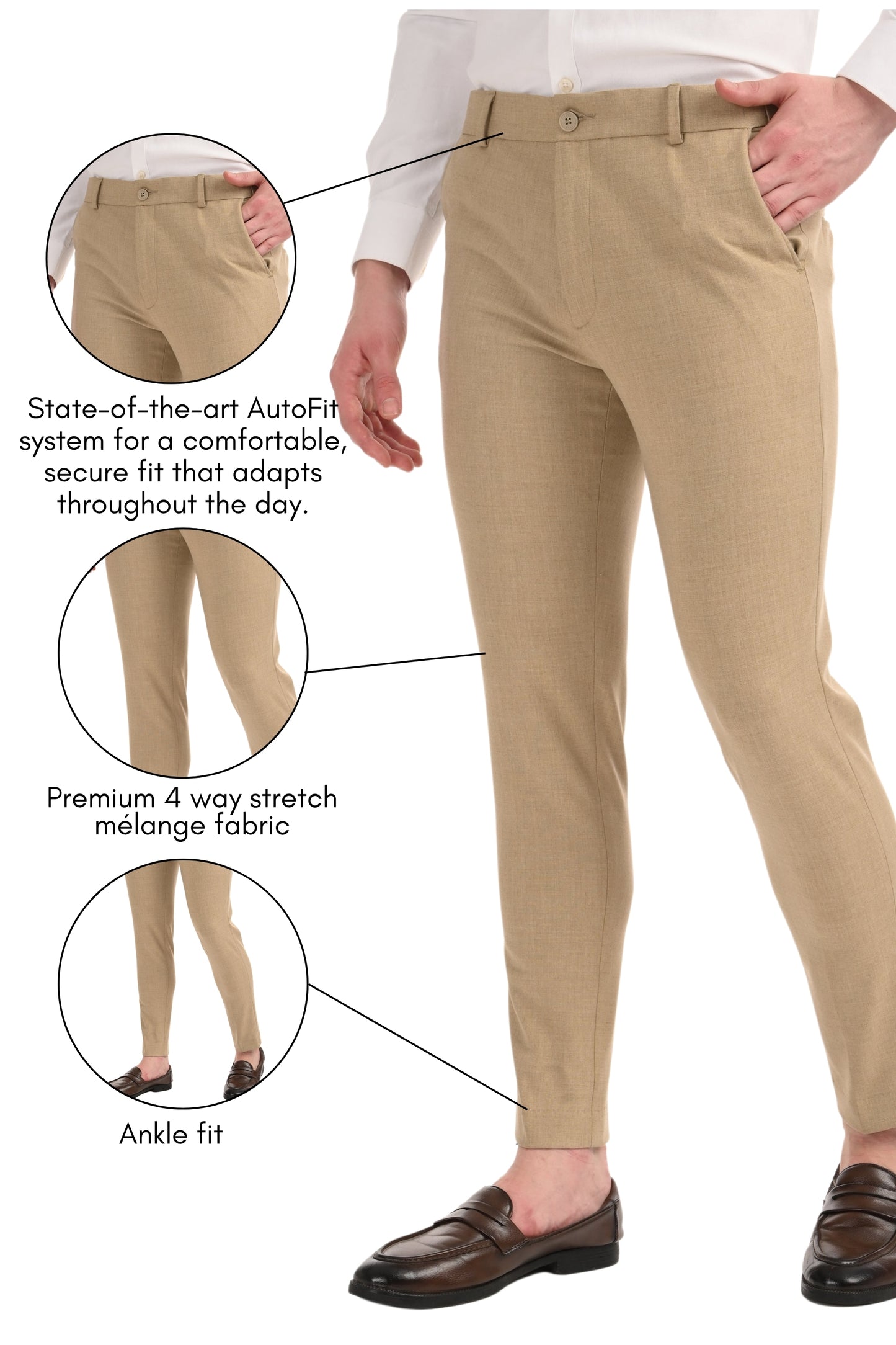 Omniwear Automatic Series – Beige Mélange Ankle Fit 4-Way Stretch Trousers - IVYN