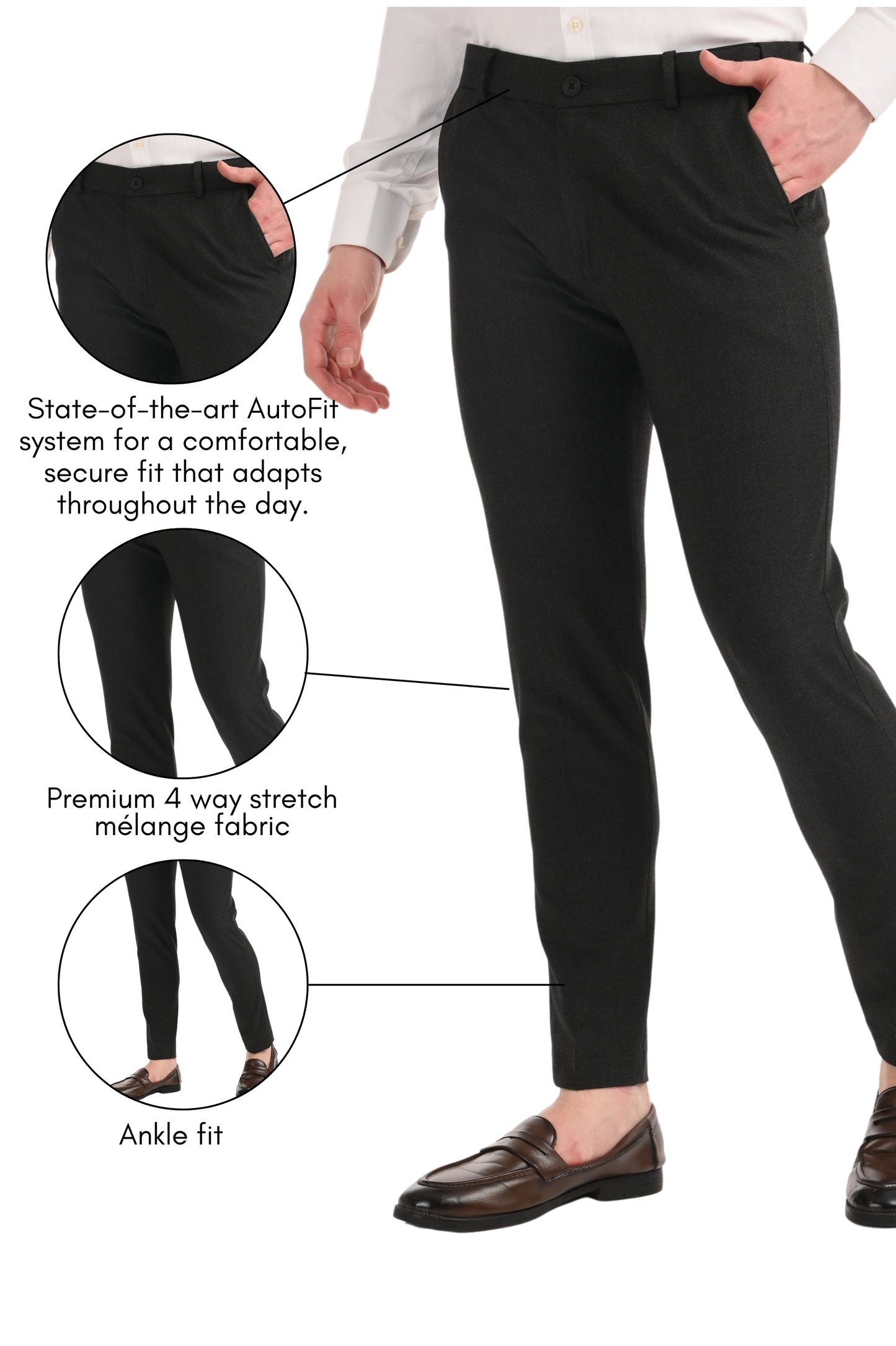 Omniwear Automatic Series – Charcoal Mélange Ankle Fit 4-Way Stretch Trousers - IVYN