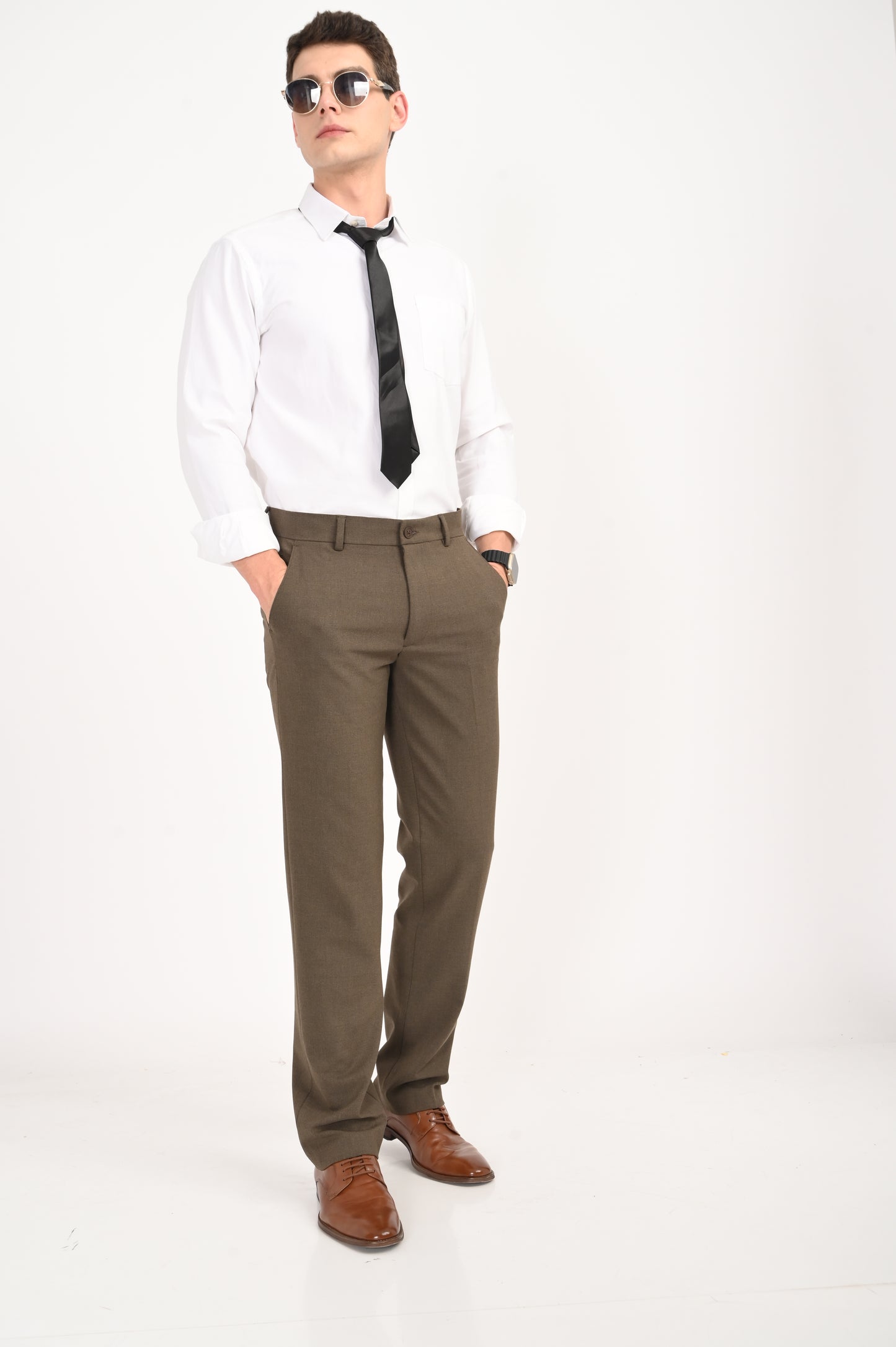 Men's Elegant Straight Fit 4-Way Stretch Lycra Trousers – Brown Mélange