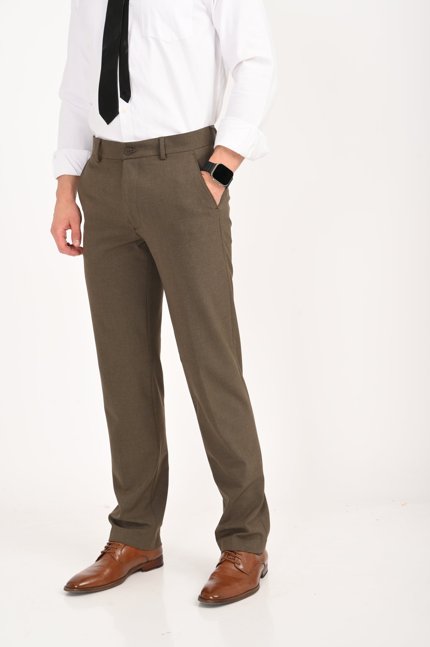 Men's Elegant Straight Fit 4-Way Stretch Lycra Trousers – Brown Mélange - IVYN