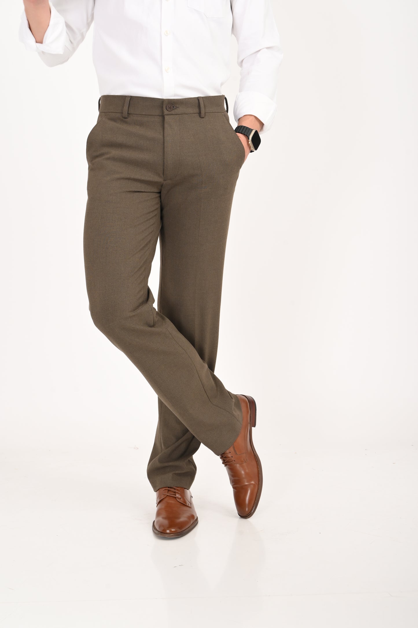 Men's Elegant Straight Fit 4-Way Stretch Lycra Trousers – Brown Mélange