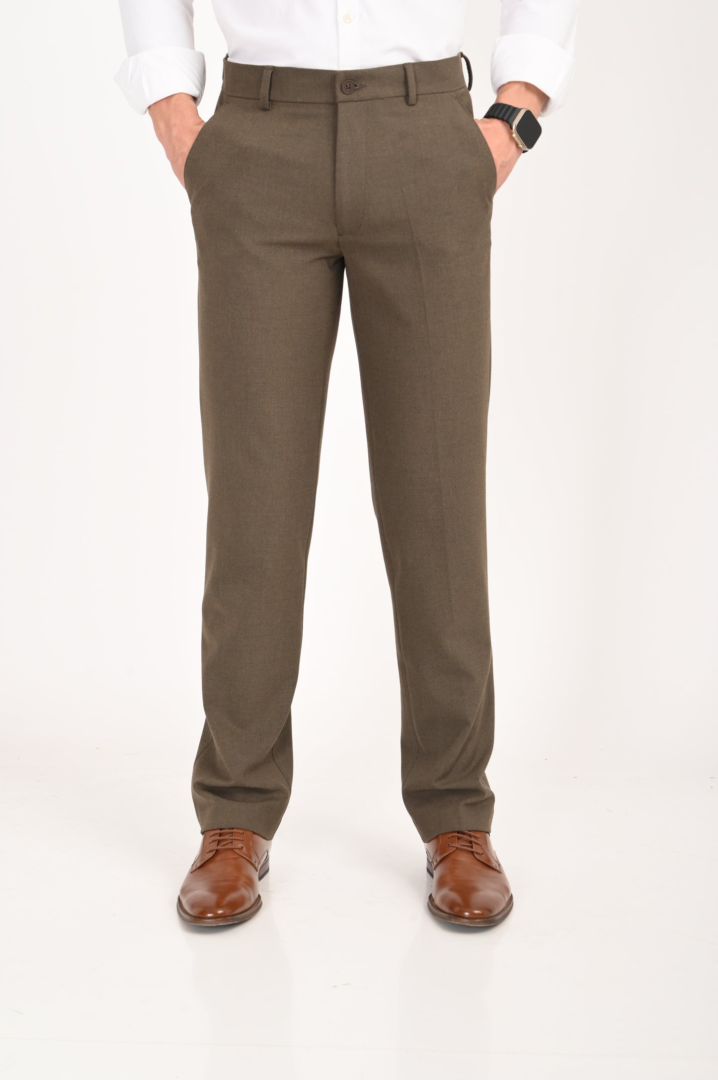 Men's Elegant Straight Fit 4-Way Stretch Lycra Trousers – Brown Mélange - IVYN