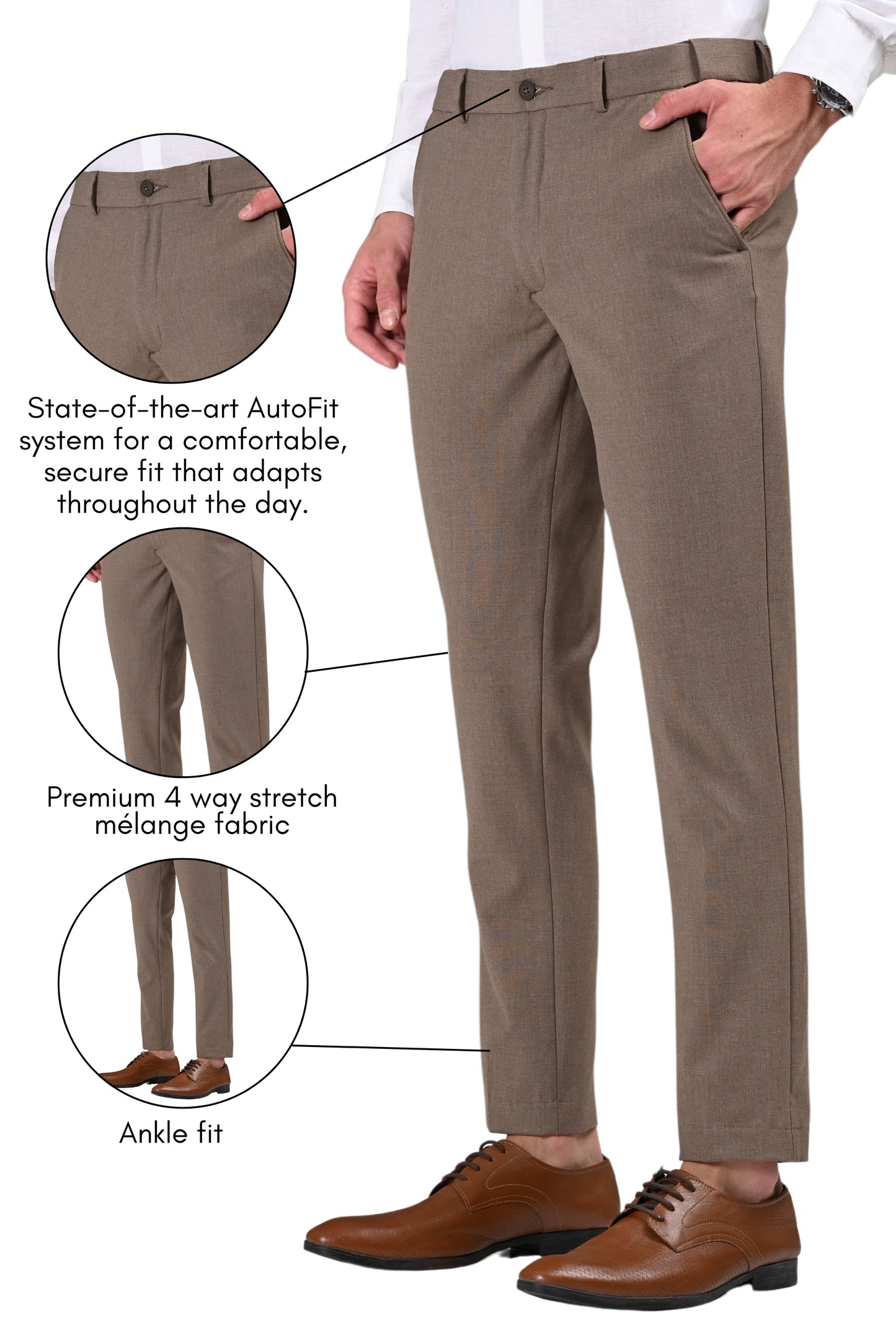 Omniwear Automatic Series – Taupe Brown Mélange Ankle Fit 4-Way Stretch Trousers - IVYN