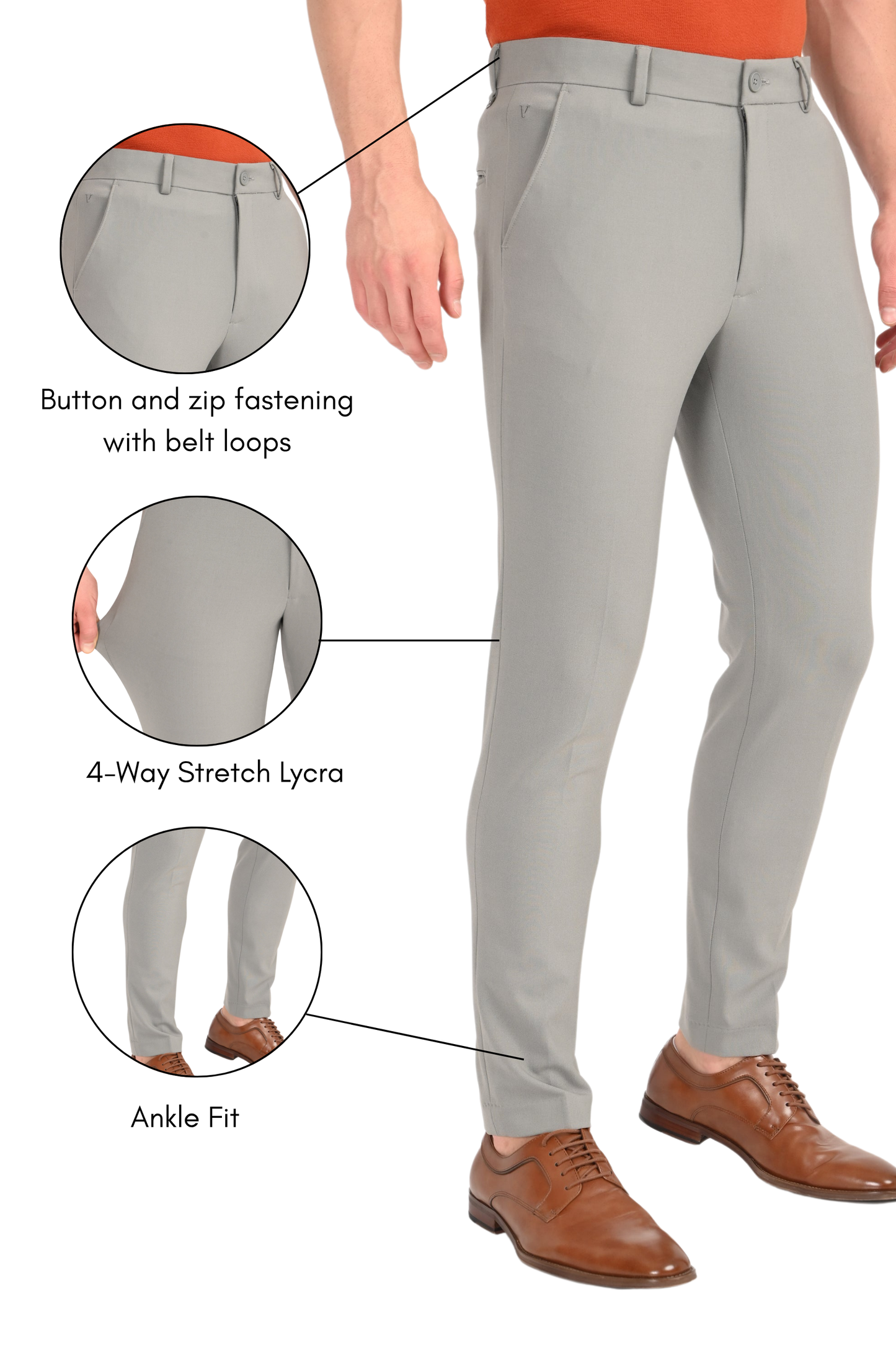 Elegant Ash Grey – Ankle Fit 4-Way Stretch Slim Trouser