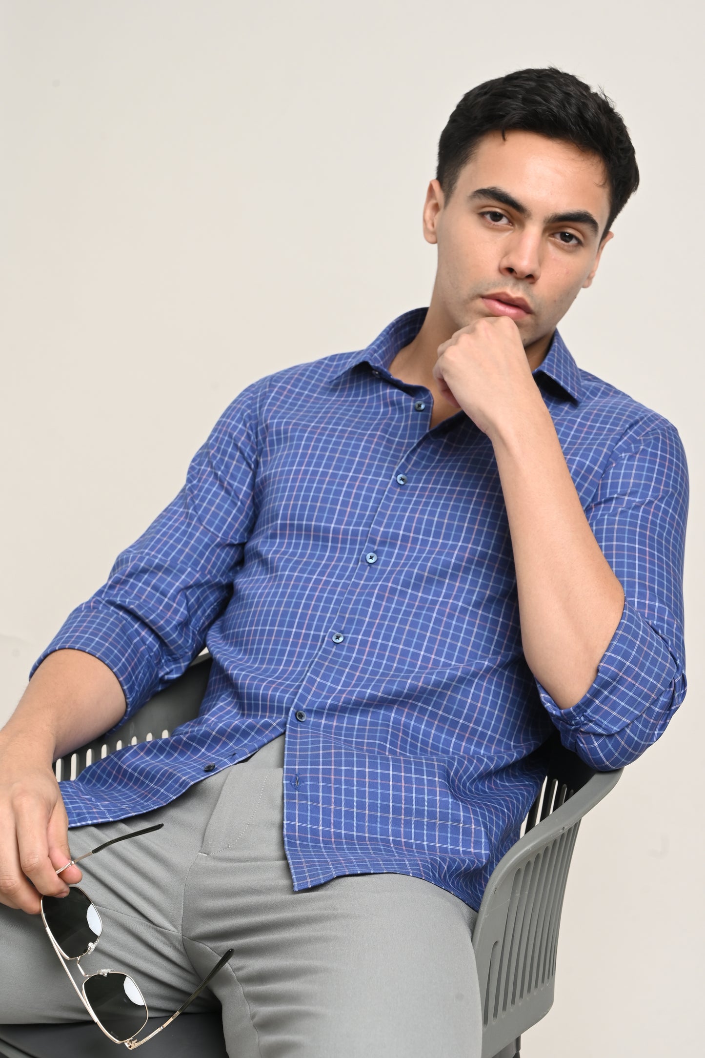 Premium Stretch Cotton Check Shirt – Navy Blue