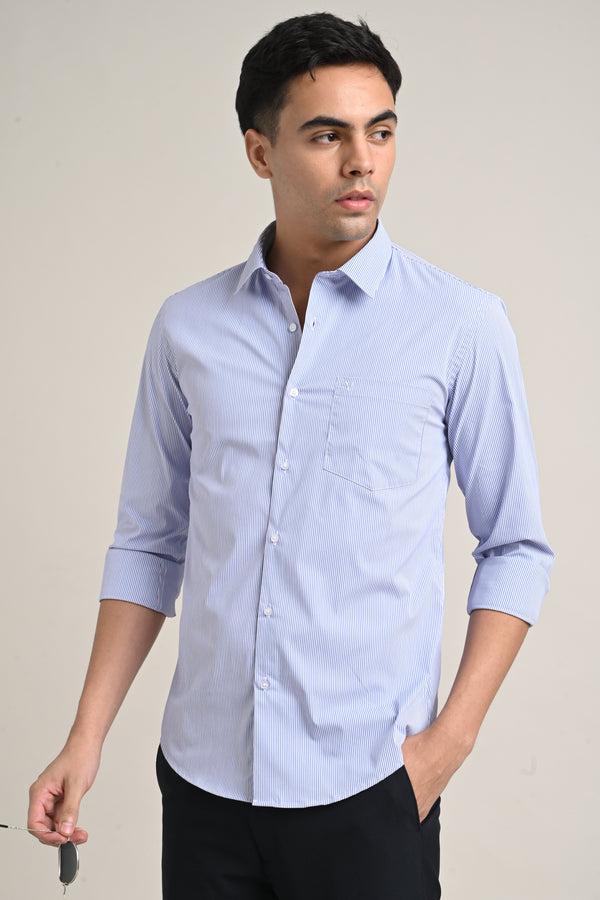 Stretch Cotton Pinstripe Shirt - Sky Blue