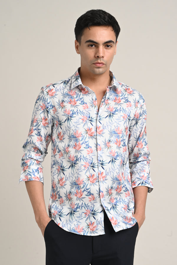 Stretch Cotton Floral Shirt - Soft Peach Bloom