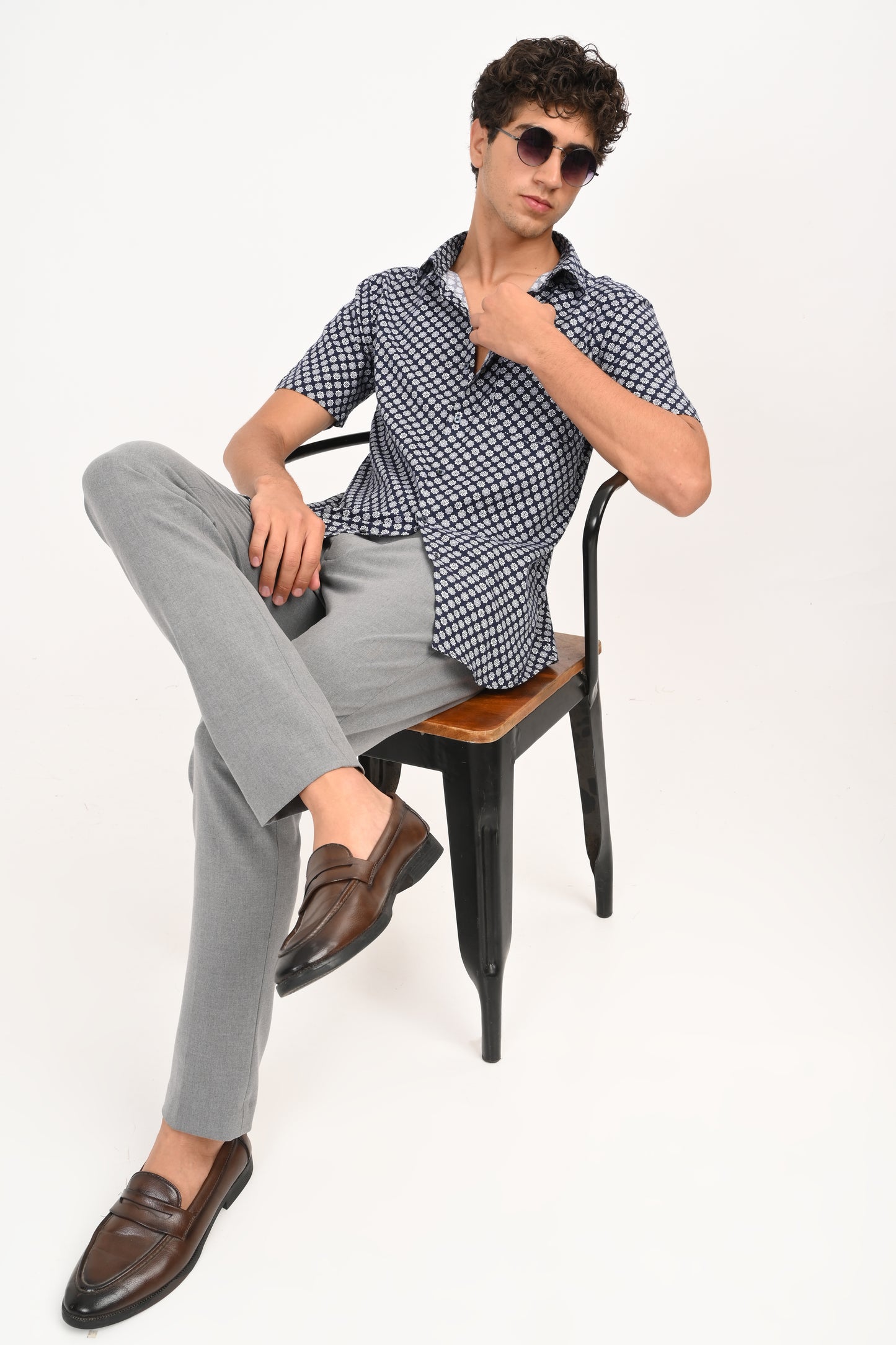 Navy Star Print Half Sleeve Casual Shirt - IVYN