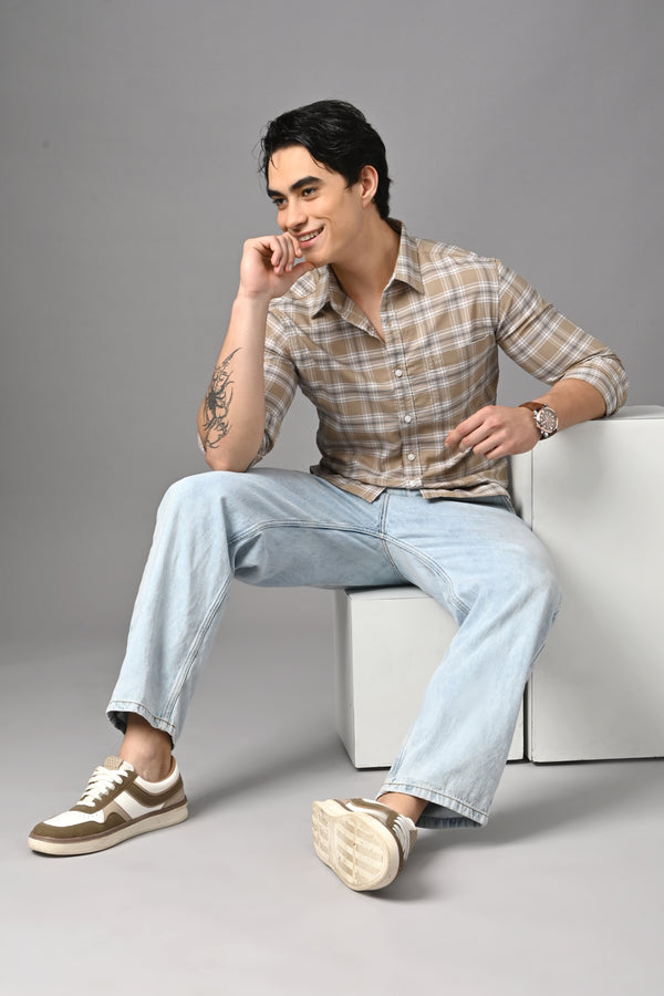 Checked Cotton Casual Shirt - Beige Sand (image 2)