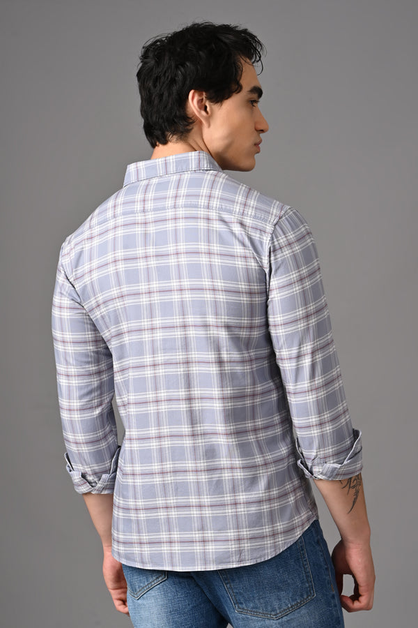 Checked Cotton Casual Shirt - Lavender Grey alternate view