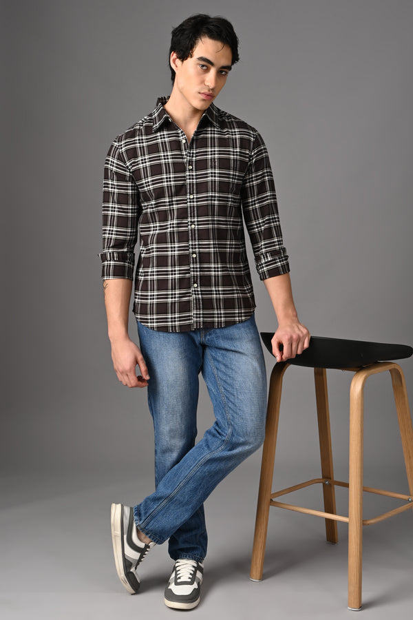 Checked Cotton Casual Shirt - Dark Brown (image 2)
